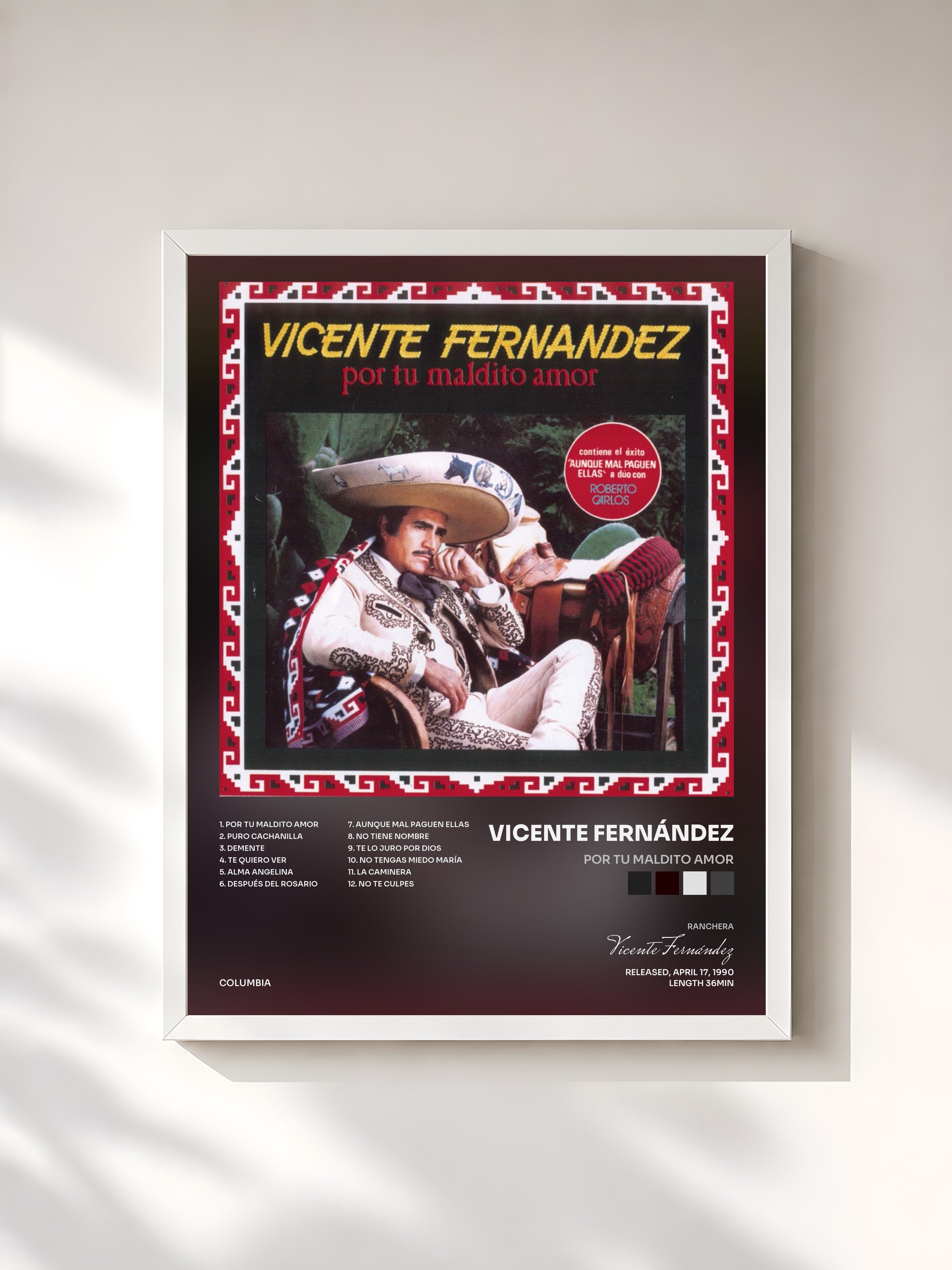 #blanc Tableau de l'album Por Tu Maldito Amor de Vicente Fernández, cadre blanc, imprimé et encadré en France