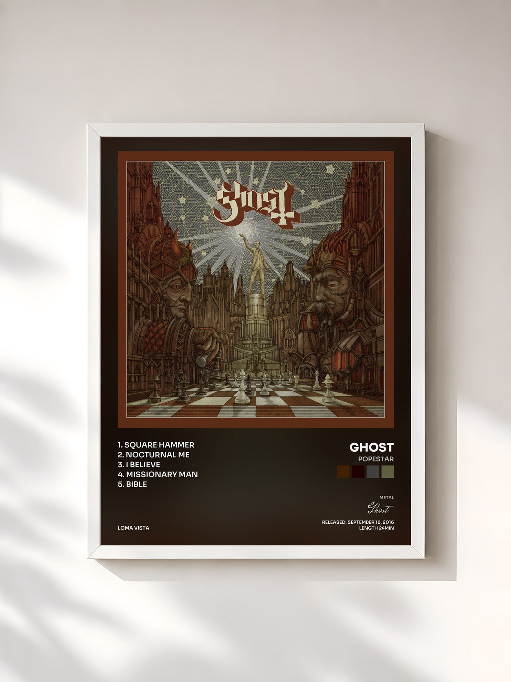 #blanc Tableau de l'album Popestar de Ghost, cadre blanc, imprimé et encadré en France