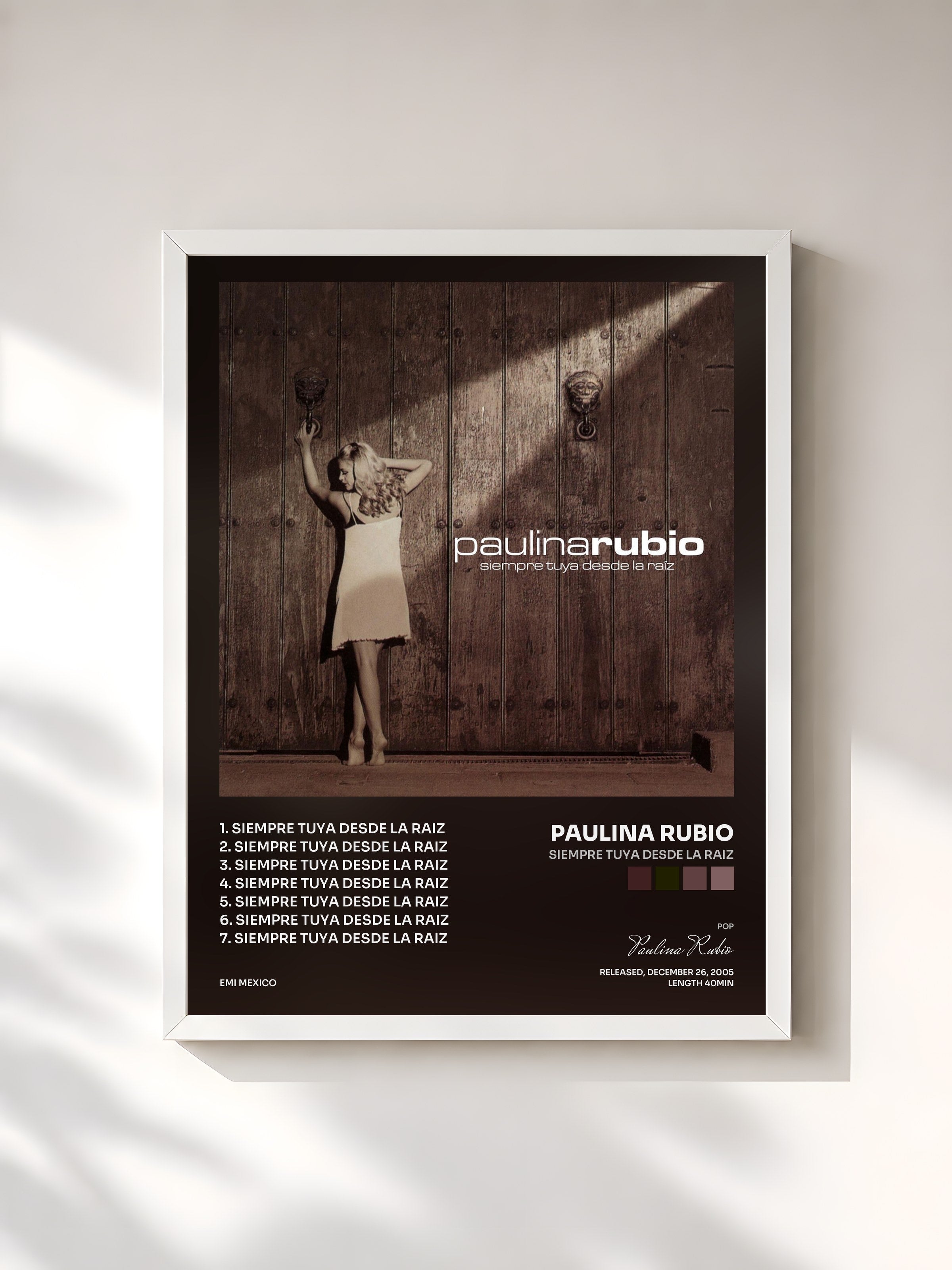 #blanc Tableau de l'album Siempre Tuya Desde La Raiz de Paulina Rubio, cadre blanc, imprimé et encadré en France