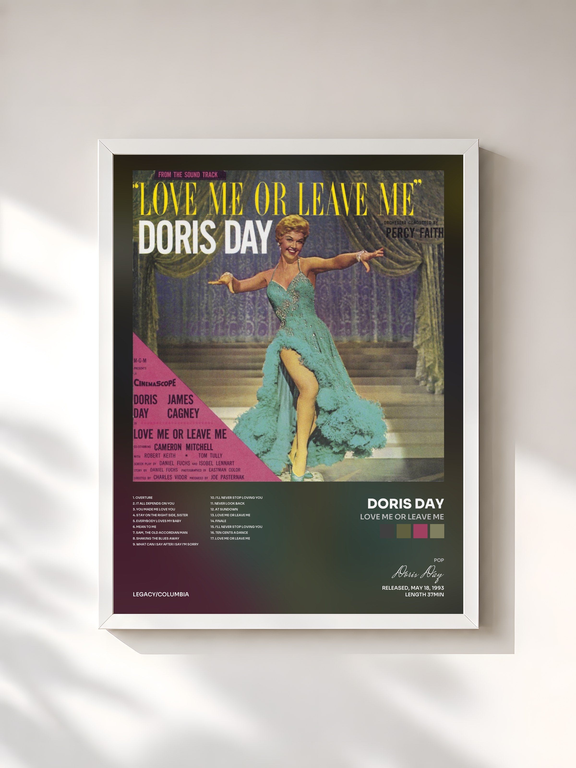 #blanc Tableau de l'album Love Me Or Leave Me de Doris Day, cadre blanc, imprimé et encadré en France