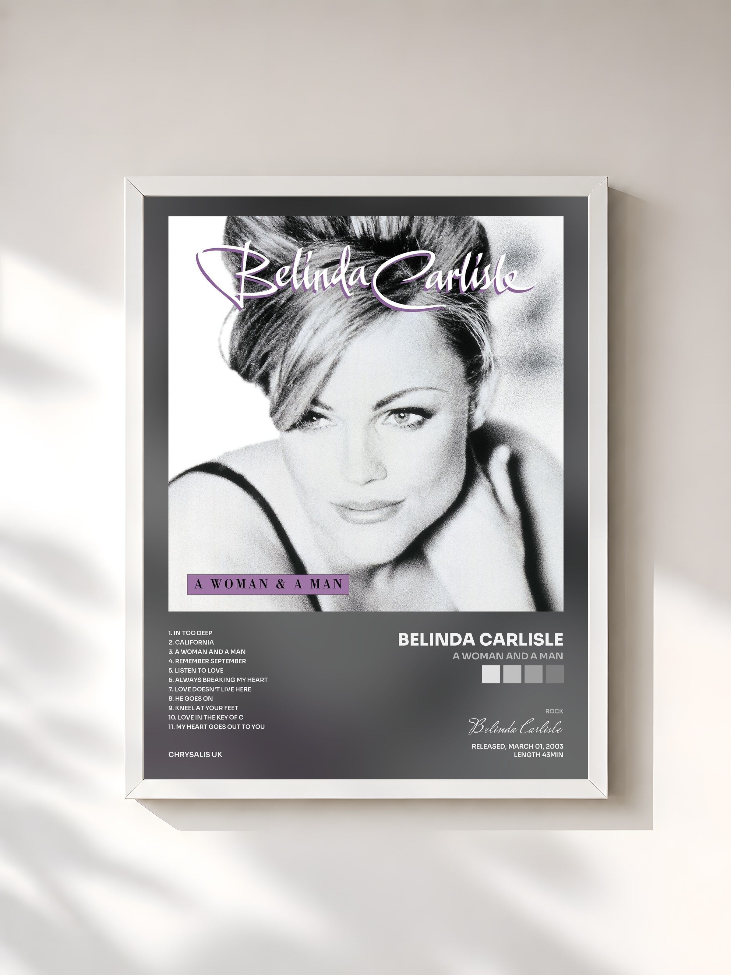 #blanc Tableau de l'album A Woman And A Man de Belinda Carlisle, cadre blanc, imprimé et encadré en France