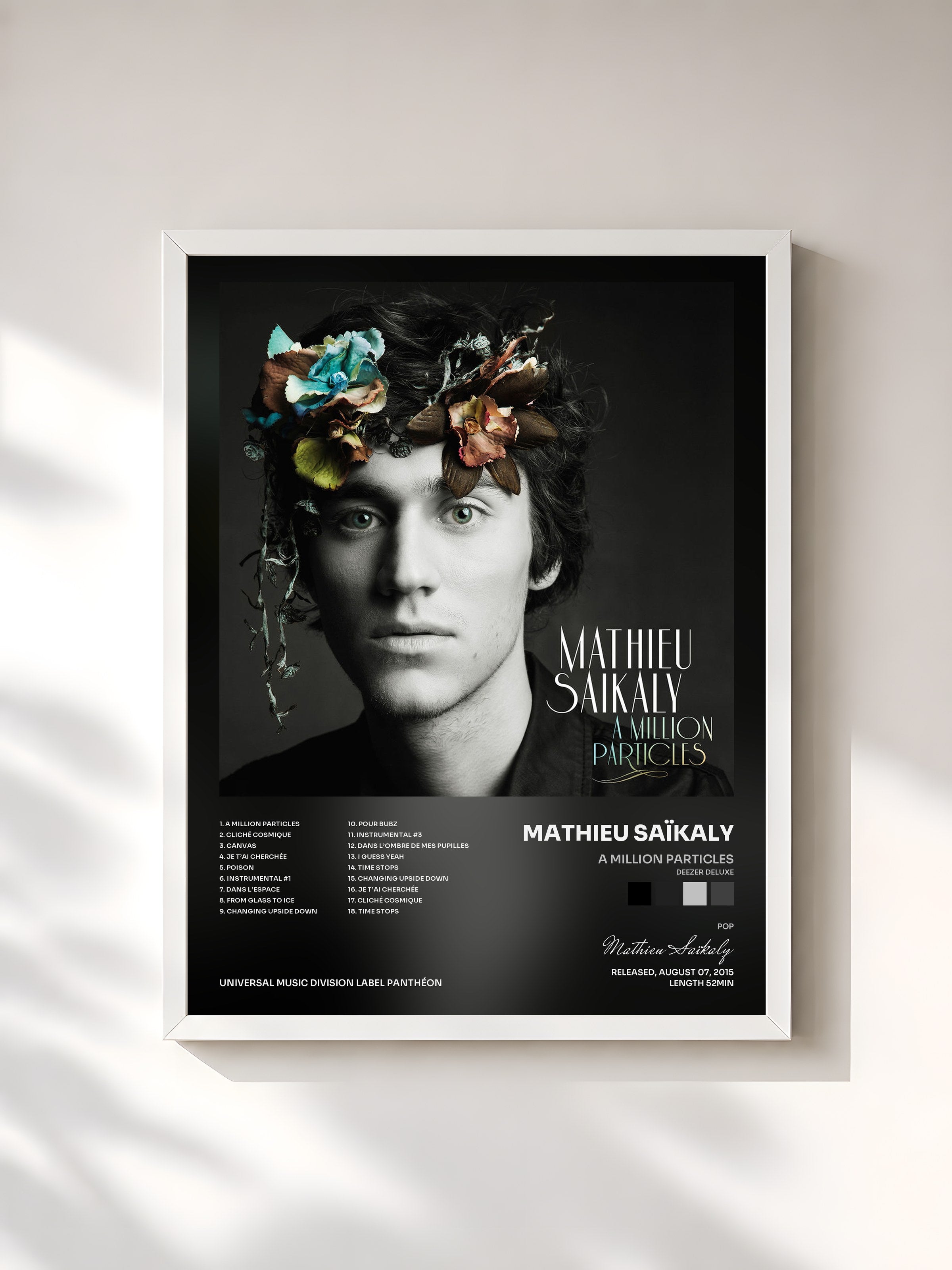 #blanc Tableau de l'album A Million Particles (Deezer Deluxe) de Mathieu Saïkaly, cadre blanc, imprimé et encadré en France