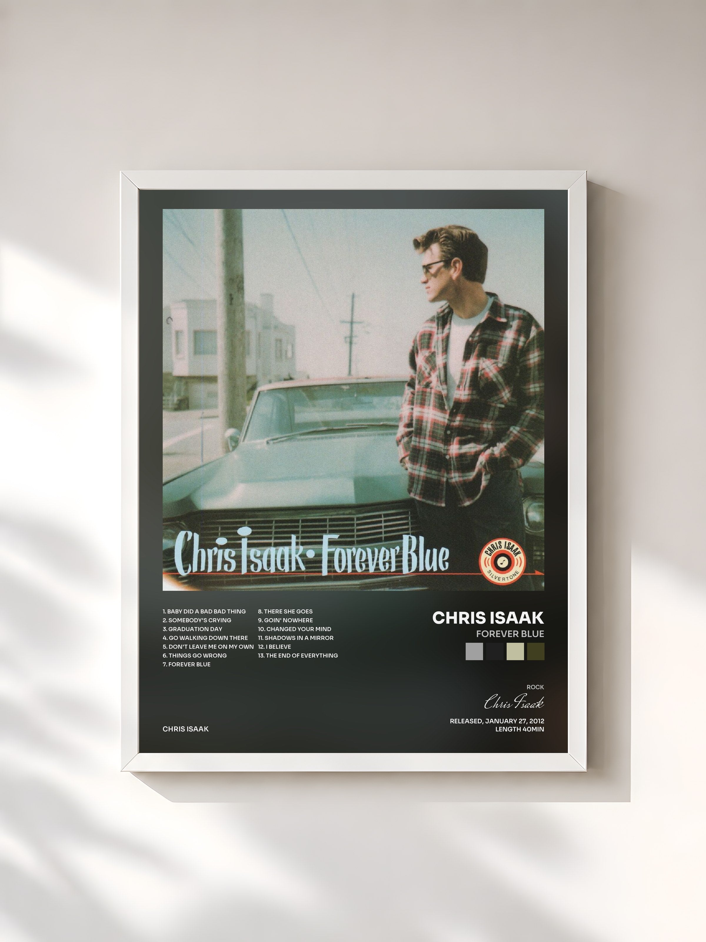 #blanc Tableau de l'album Forever Blue de Chris Isaak, cadre blanc, imprimé et encadré en France