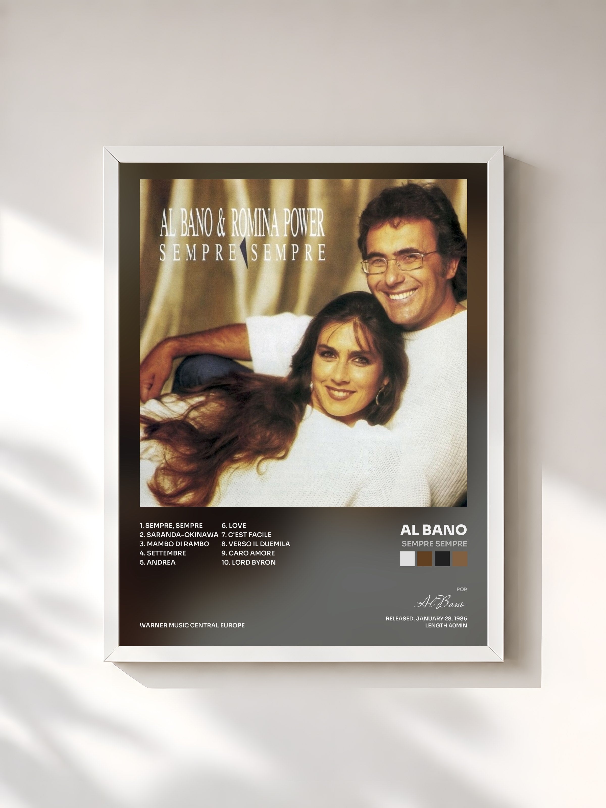 #blanc Tableau de l'album Sempre Sempre de Al Bano, cadre blanc, imprimé et encadré en France