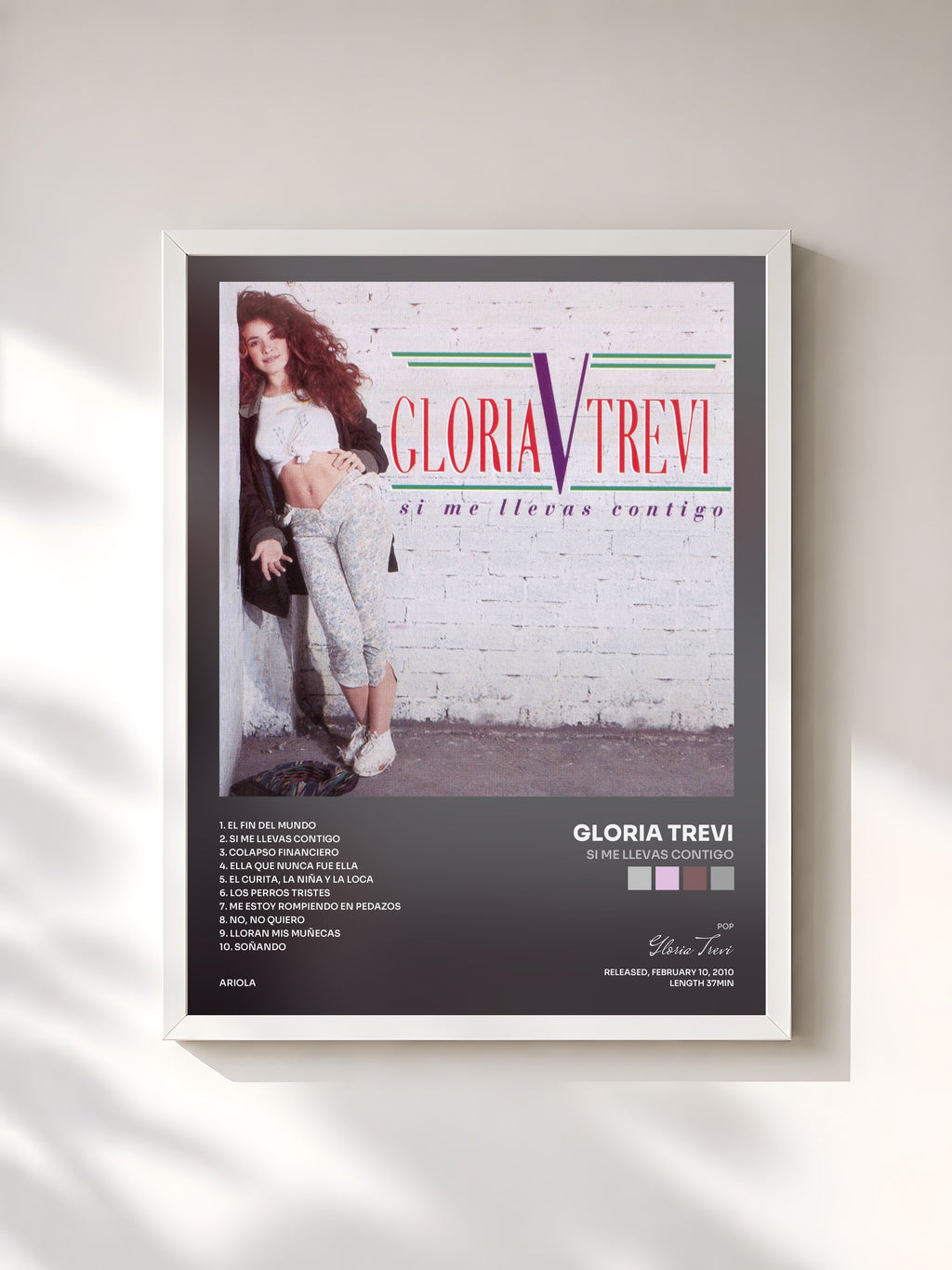 #blanc Tableau de l'album Si Me Llevas Contigo de Gloria Trevi, cadre blanc, imprimé et encadré en France