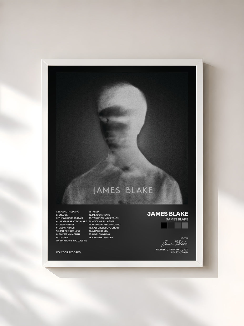 #blanc Tableau de l'album James Blake de James Blake, cadre blanc, imprimé et encadré en France