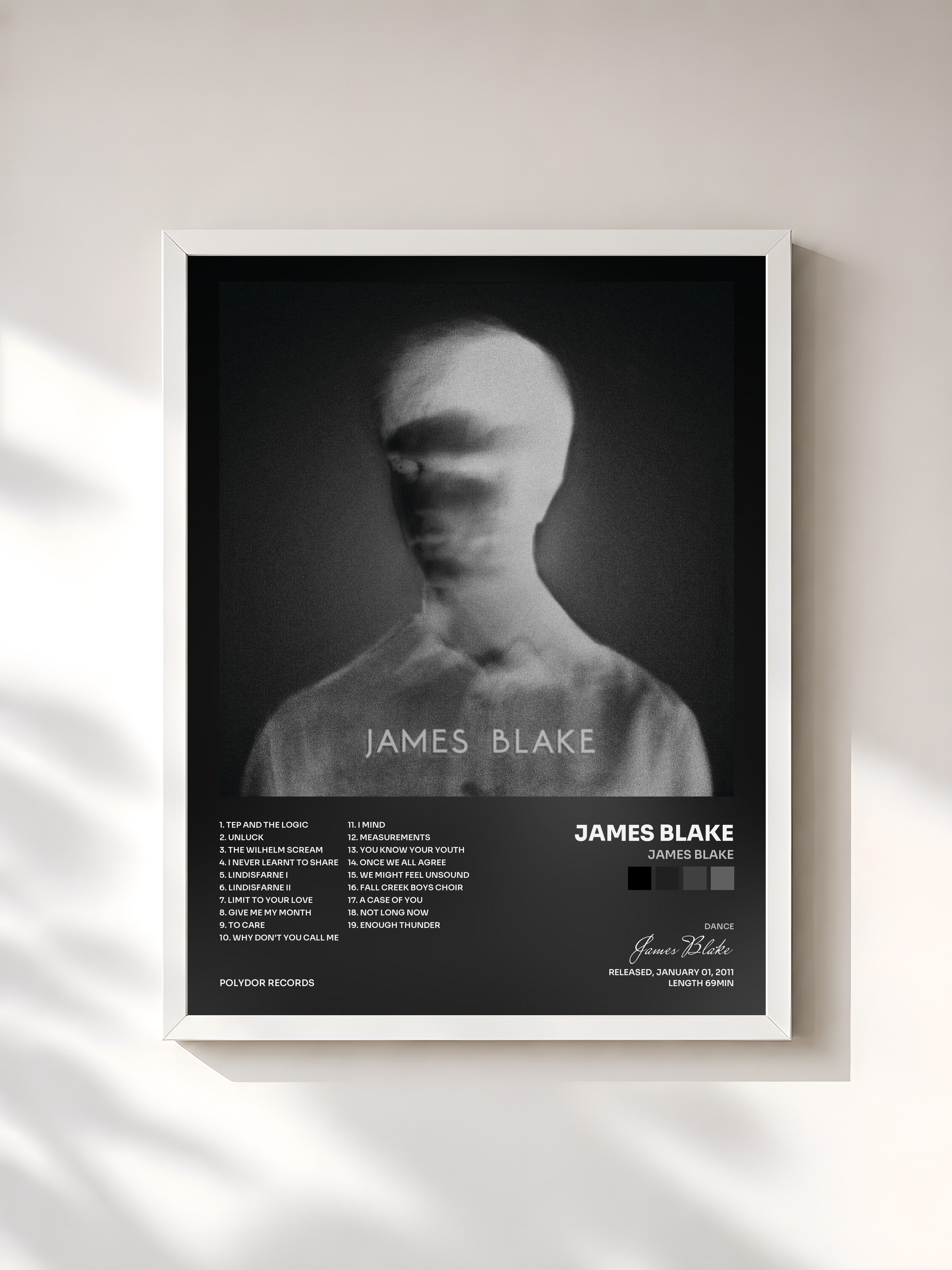 #blanc Tableau de l'album James Blake de James Blake, cadre blanc, imprimé et encadré en France