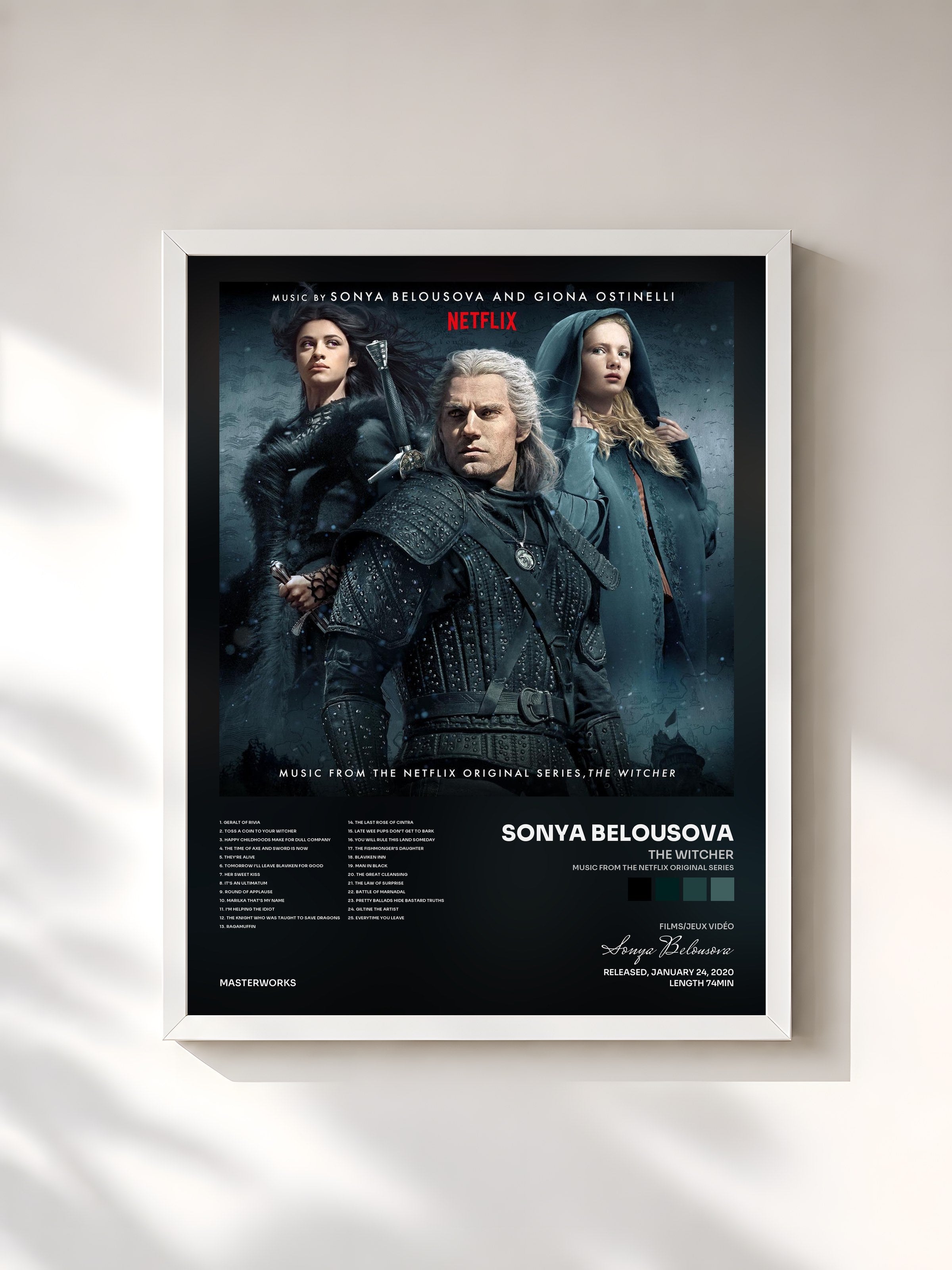 #blanc Tableau de l'album The Witcher (Music from the Netflix Original Series) de Sonya Belousova, cadre blanc, imprimé et encadré en France