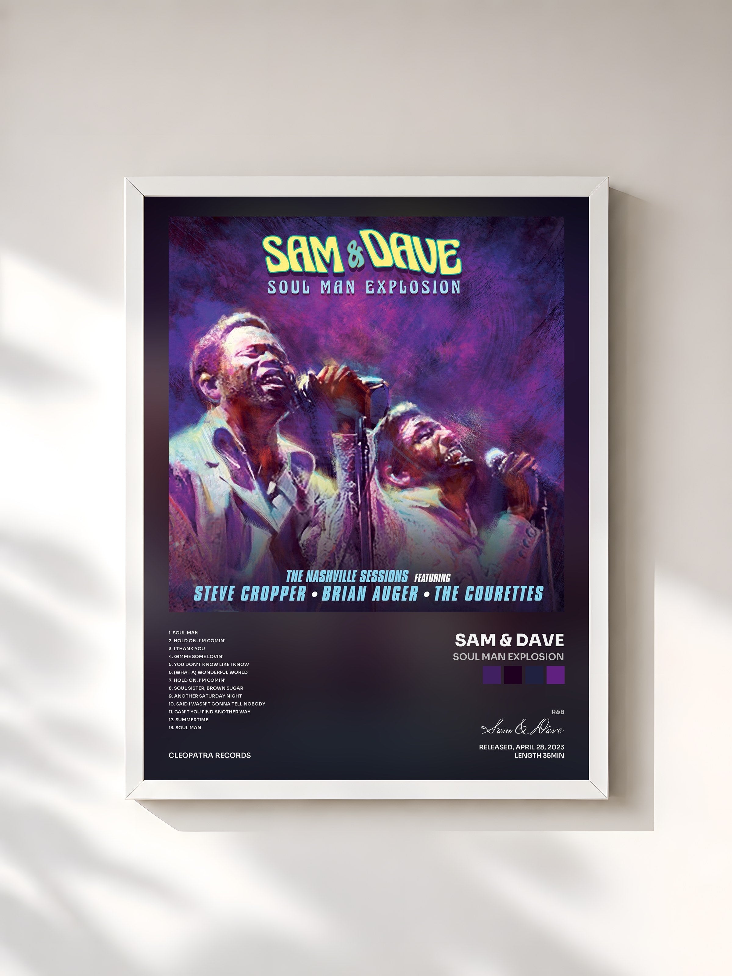 #blanc Tableau de l'album Soul Man Explosion de Sam & Dave, cadre blanc, imprimé et encadré en France
