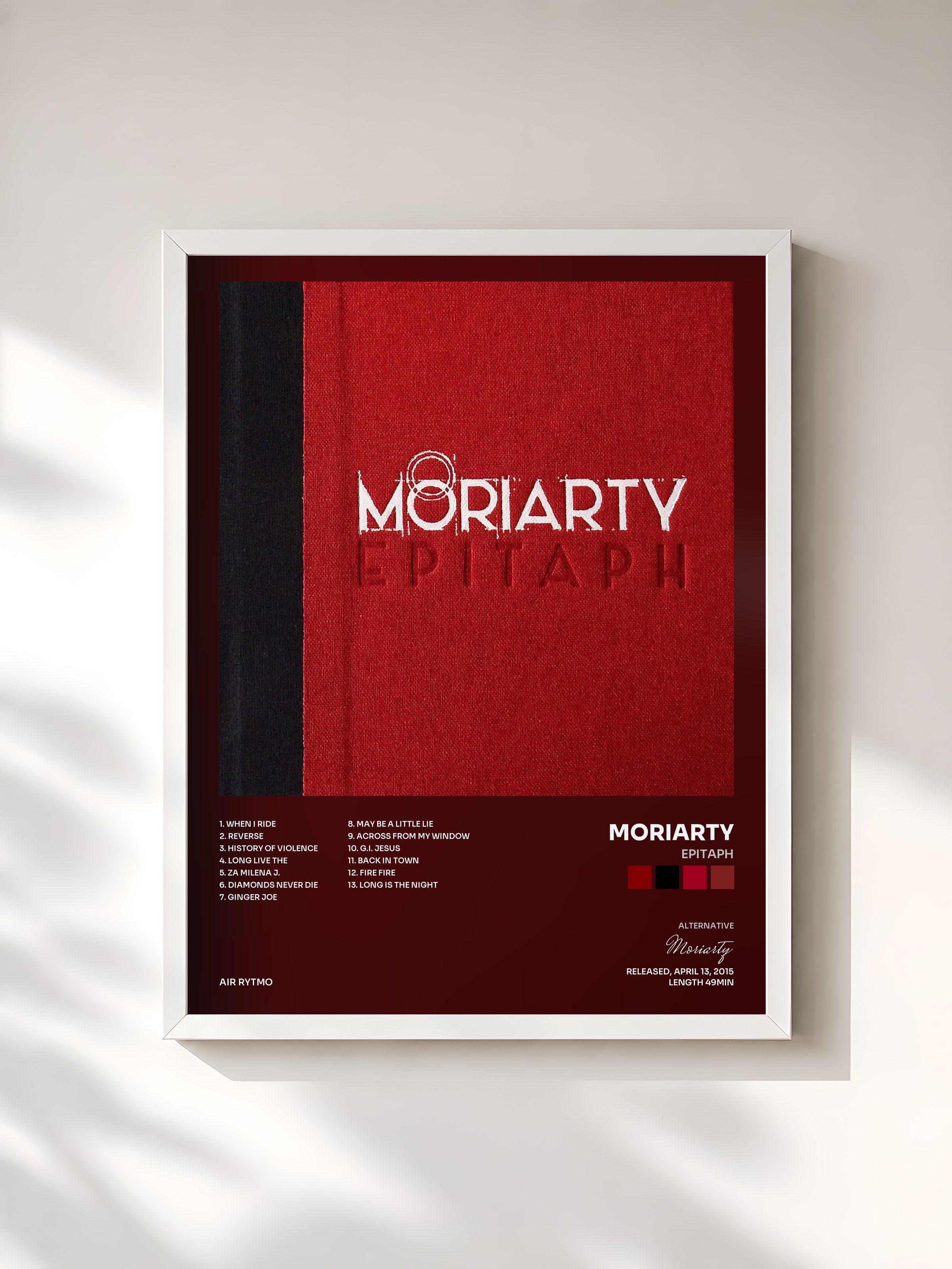 #blanc Tableau de l'album Epitaph de Moriarty, cadre blanc, imprimé et encadré en France