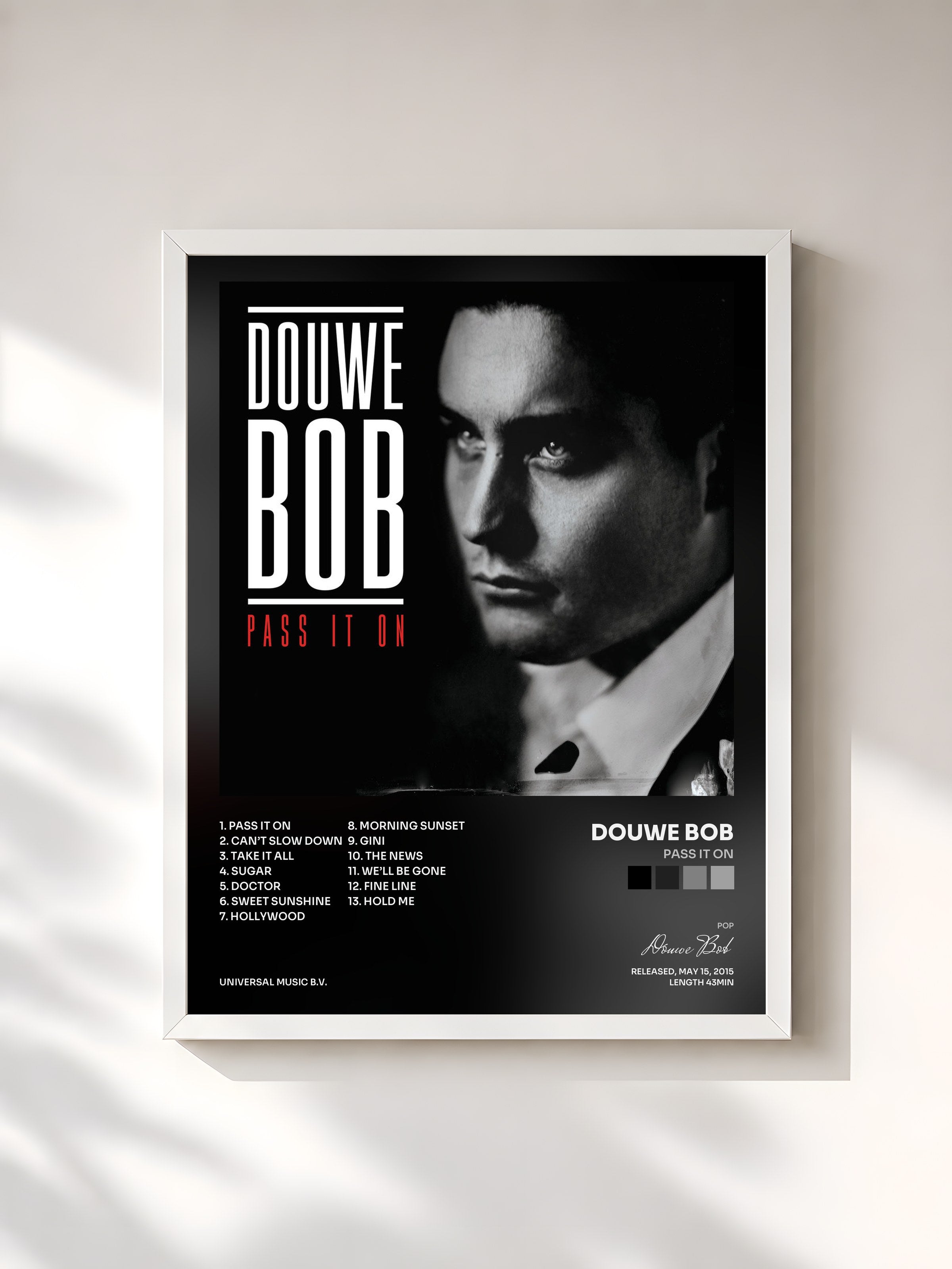 #blanc Tableau de l'album Pass It On de Douwe Bob, cadre blanc, imprimé et encadré en France