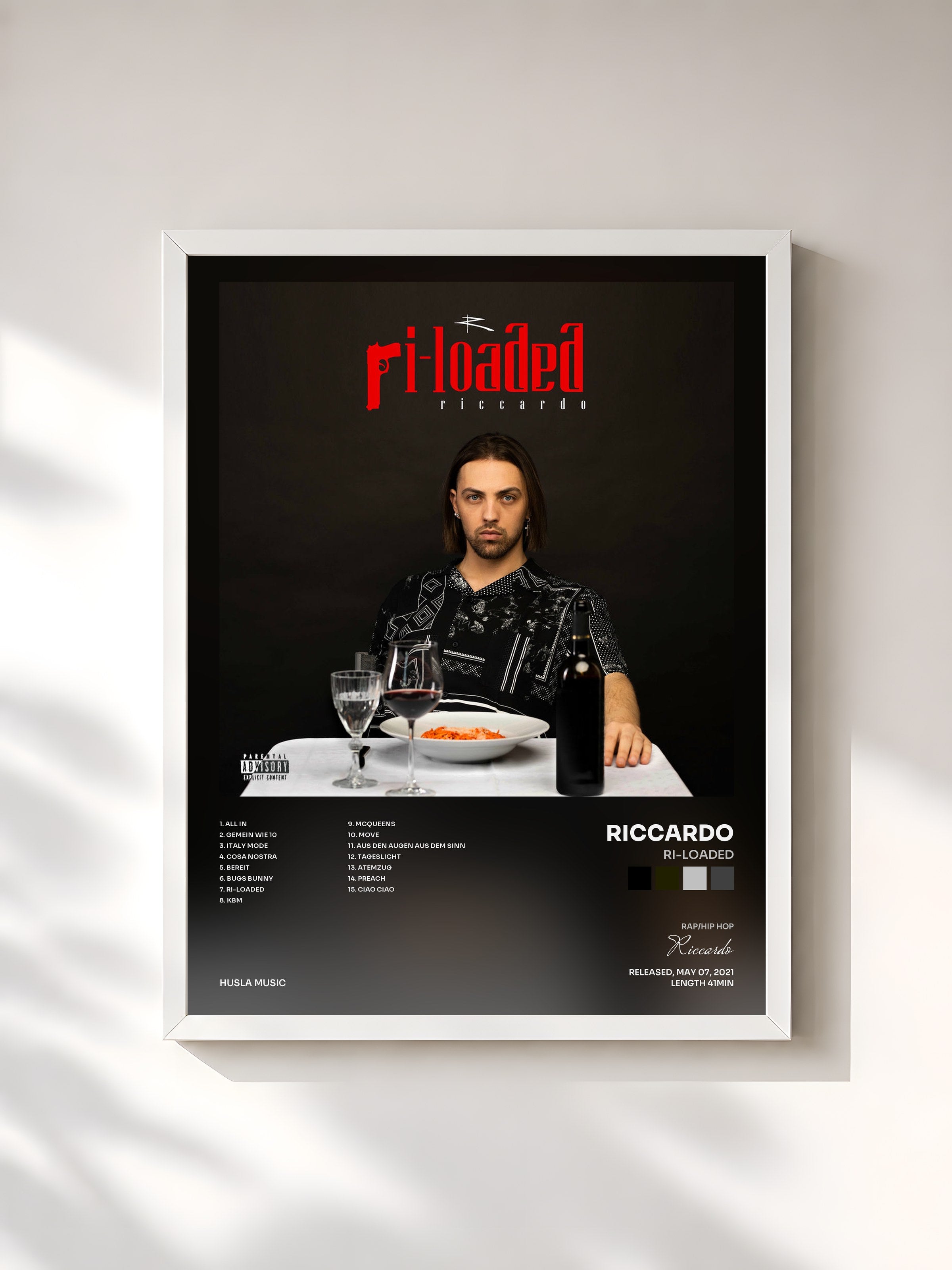 #blanc Tableau de l'album RI-LOADED de Riccardo, cadre blanc, imprimé et encadré en France