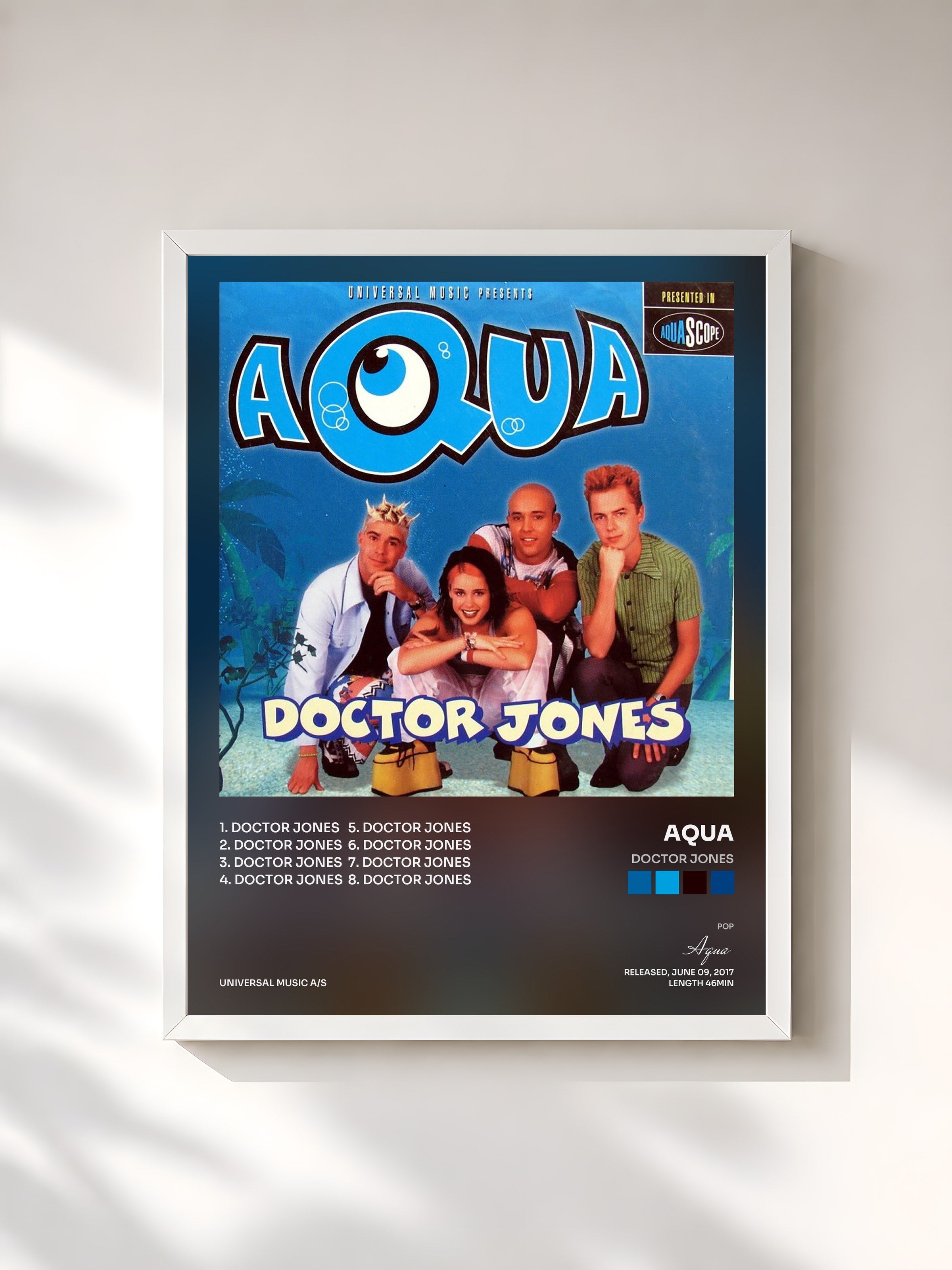 #blanc Tableau de l'album Doctor Jones de Aqua, cadre blanc, imprimé et encadré en France