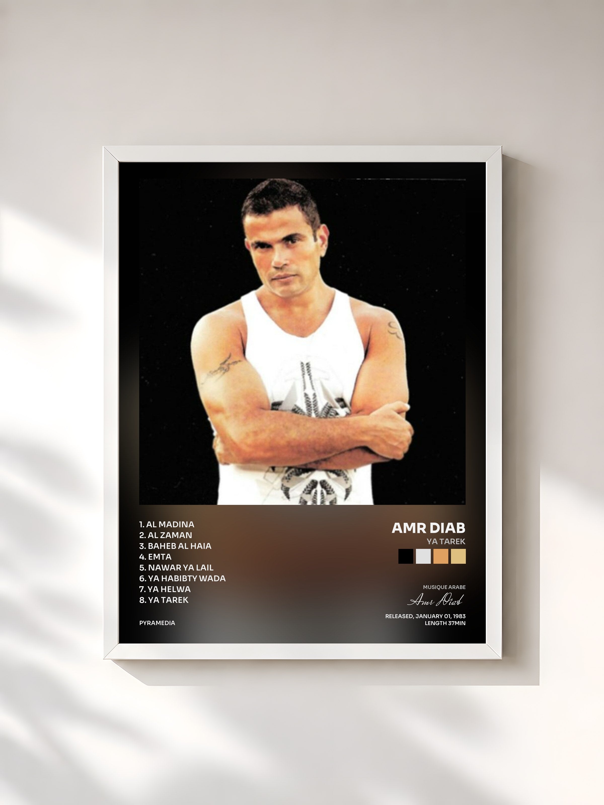 #blanc Tableau de l'album Ya Tarek de Amr Diab, cadre blanc, imprimé et encadré en France