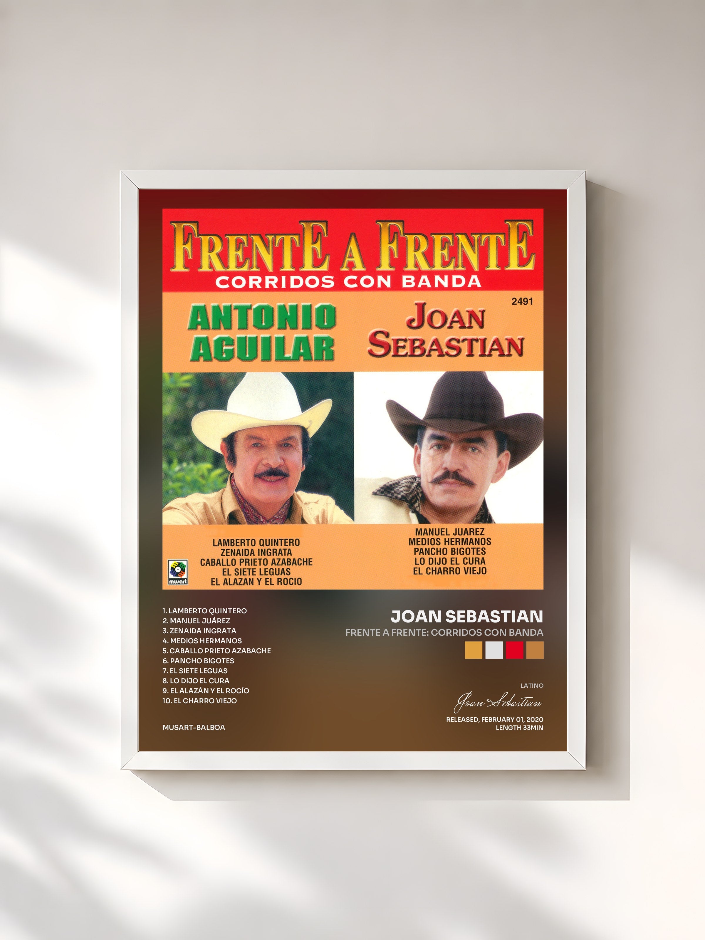 #blanc Tableau de l'album Frente A Frente: Corridos Con Banda de Joan Sebastian, cadre blanc, imprimé et encadré en France
