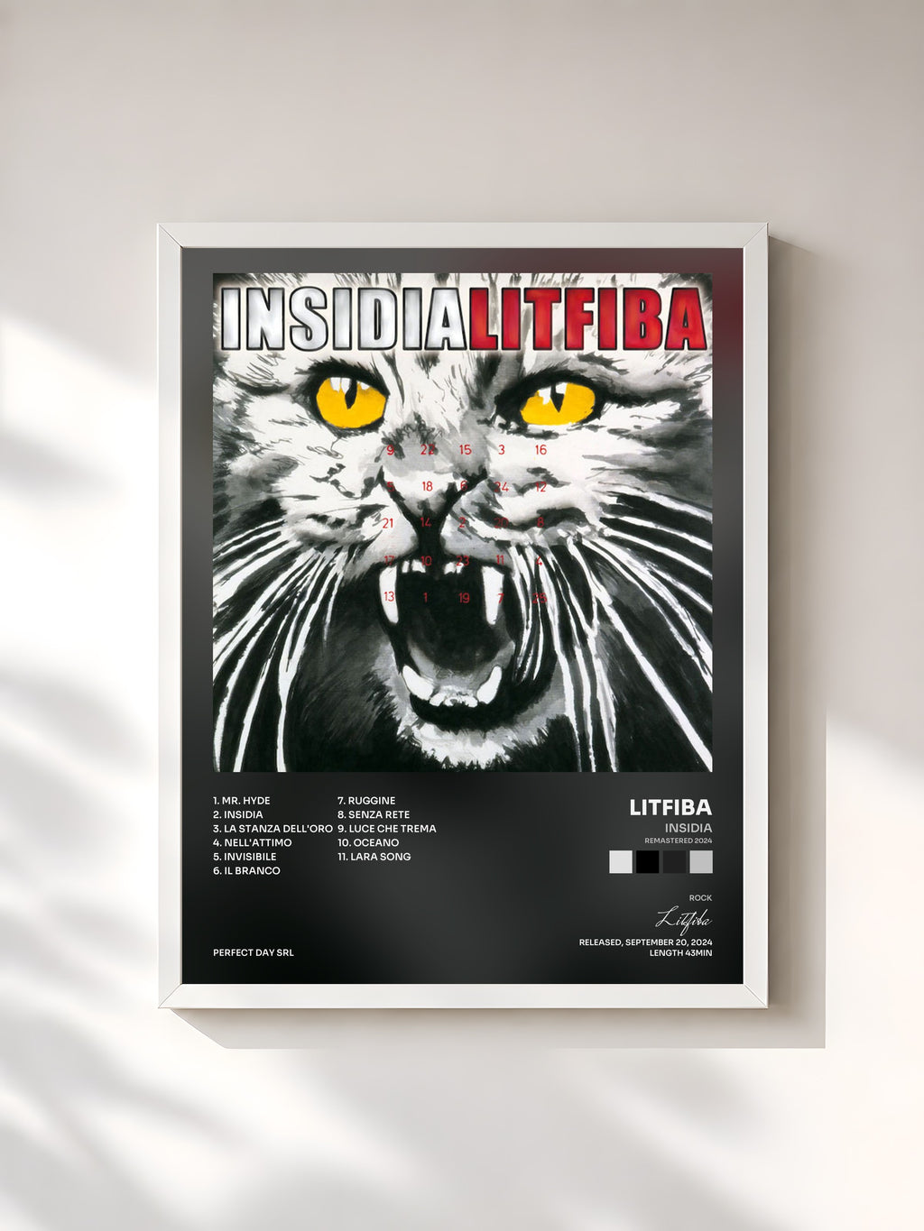 #blanc Tableau de l'album Insidia (Remastered 2024) de Litfiba, cadre blanc, imprimé et encadré en France