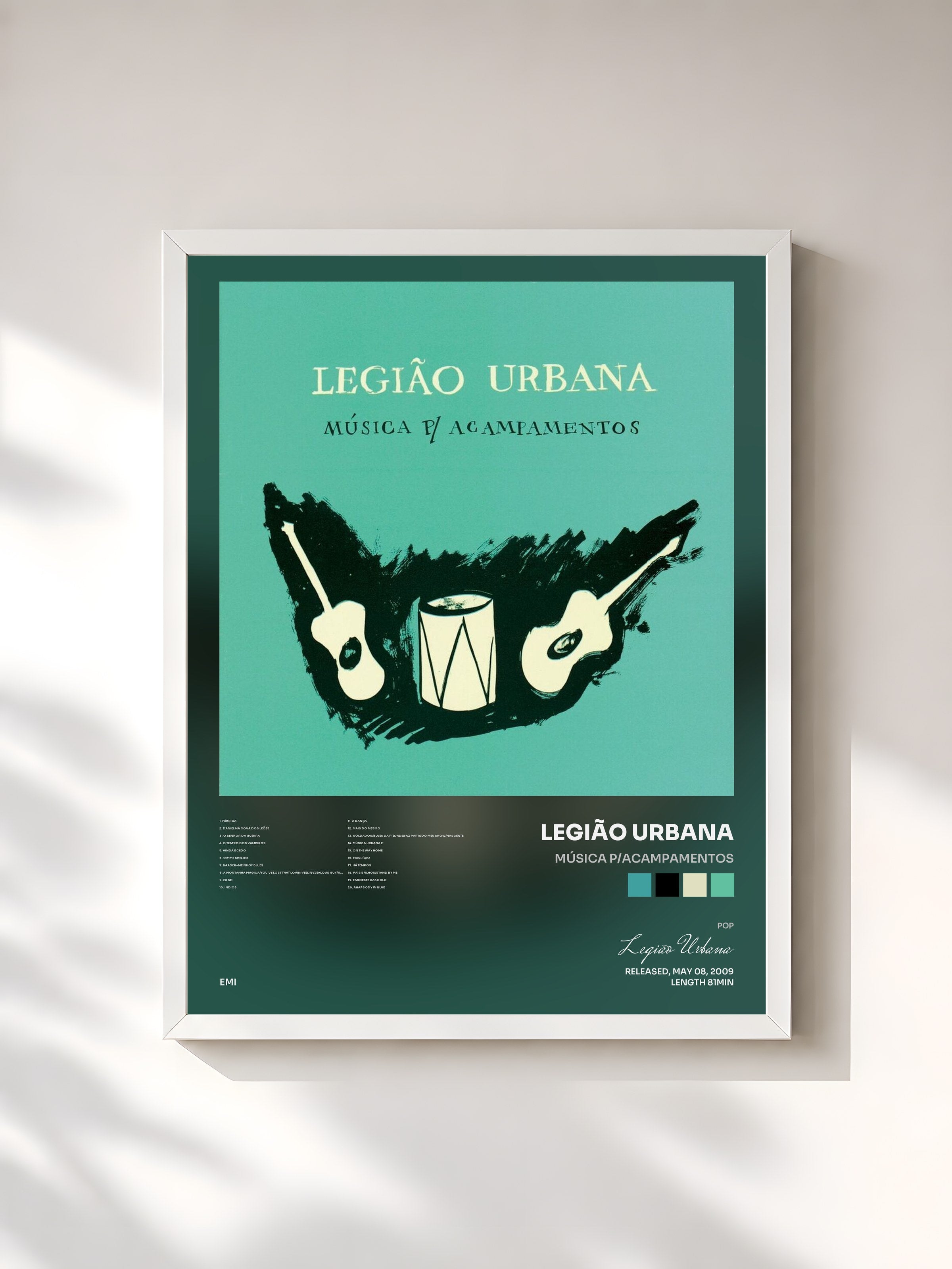#blanc Tableau de l'album Música P/Acampamentos de Legião Urbana, cadre blanc, imprimé et encadré en France