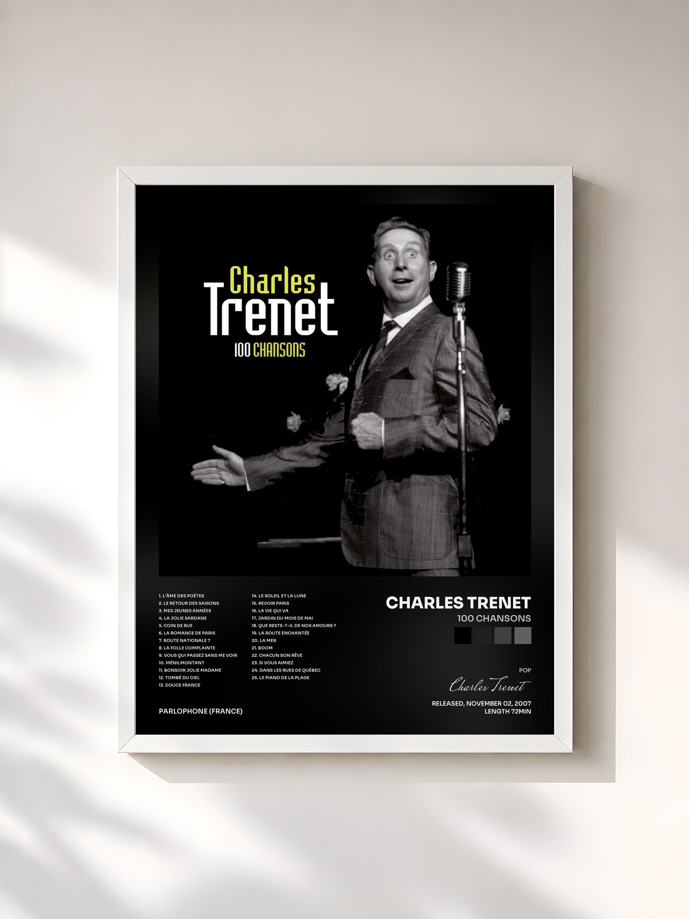 #blanc Tableau de l'album 100 Chansons de Charles Trenet, cadre blanc, imprimé et encadré en France
