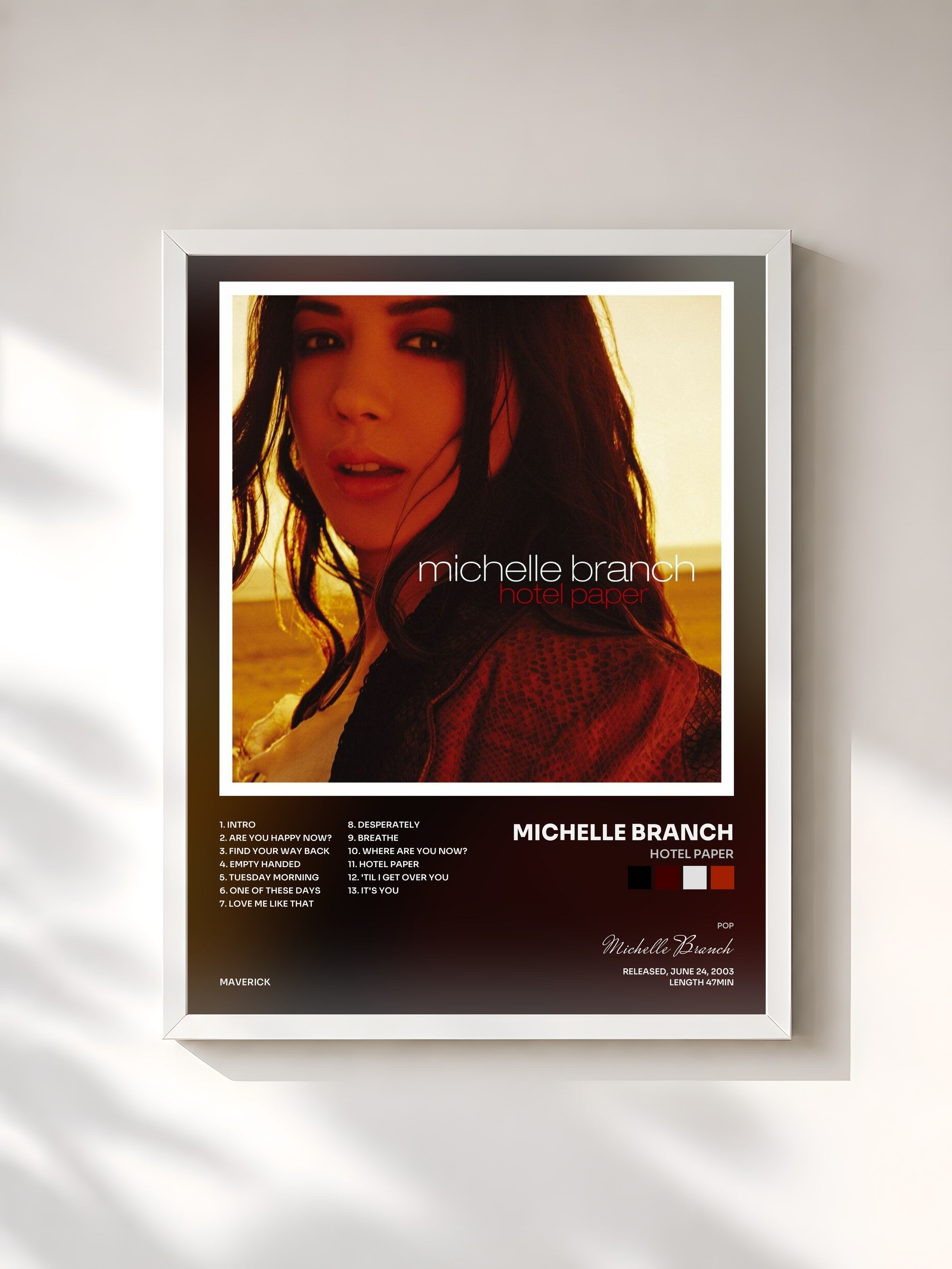 #blanc Tableau de l'album Hotel Paper de Michelle Branch, cadre blanc, imprimé et encadré en France