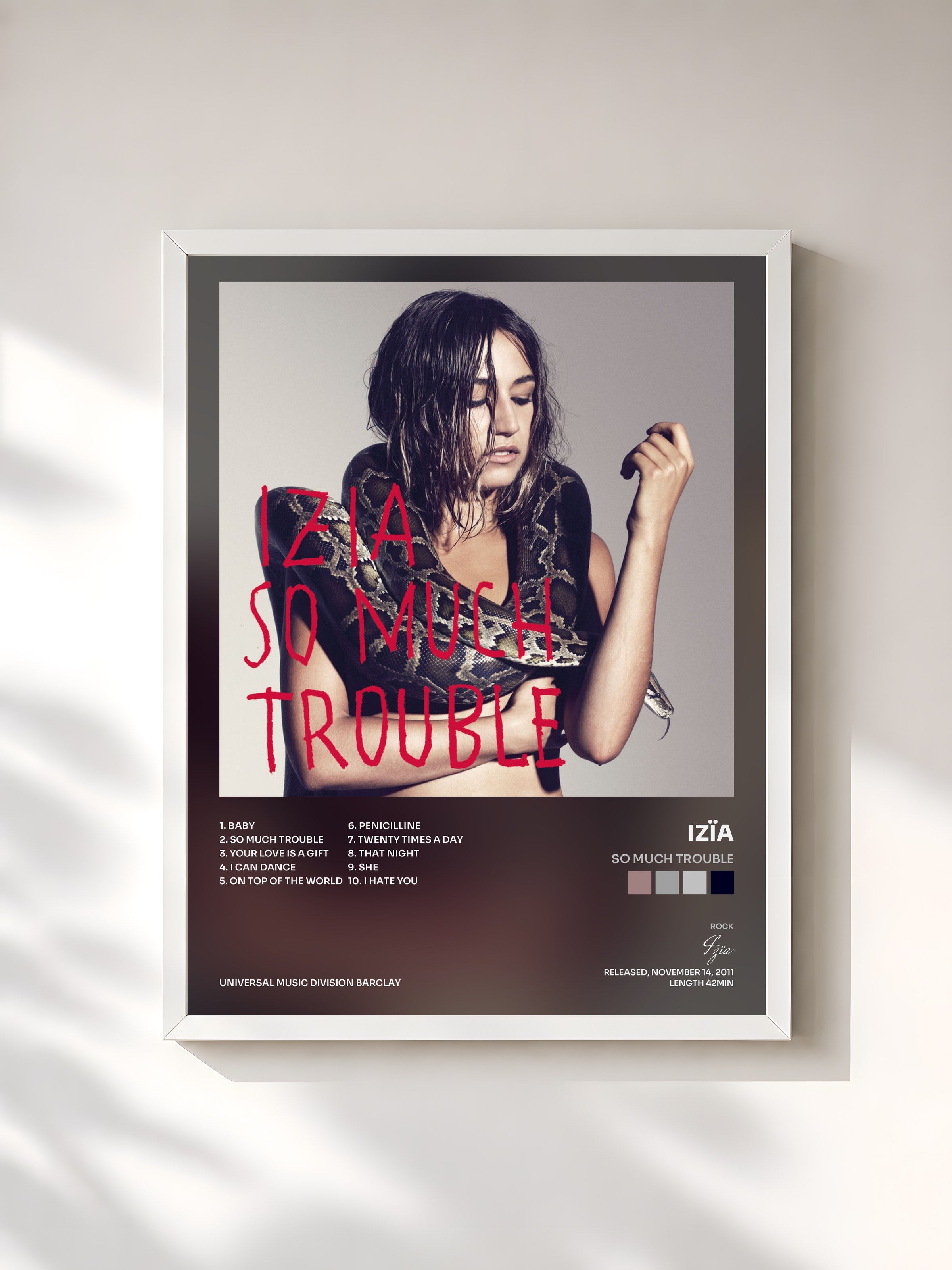 #blanc Tableau de l'album So Much Trouble de Izïa, cadre blanc, imprimé et encadré en France