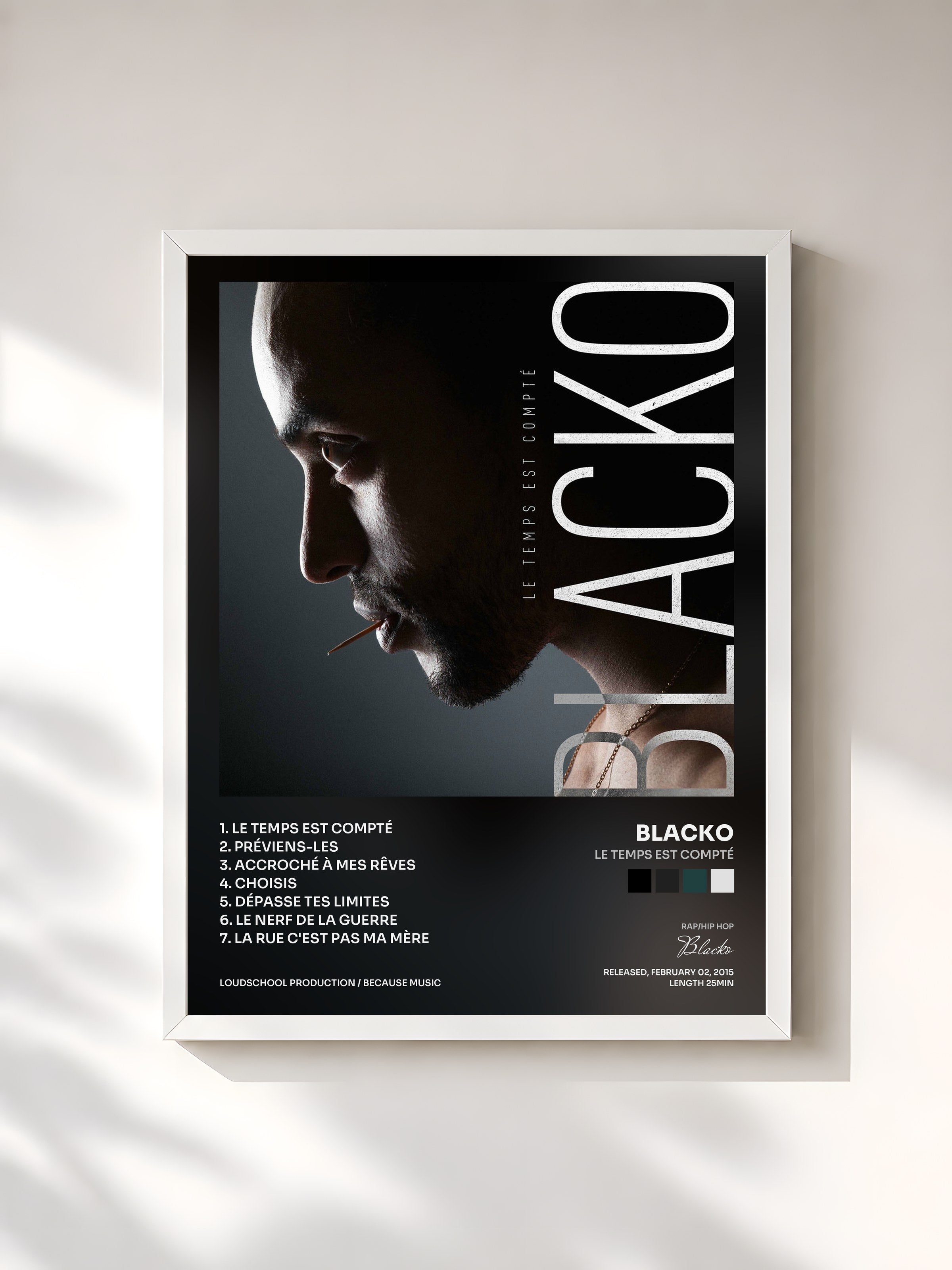#blanc Tableau de l'album Le Temps est compté de Blacko, cadre blanc, imprimé et encadré en France
