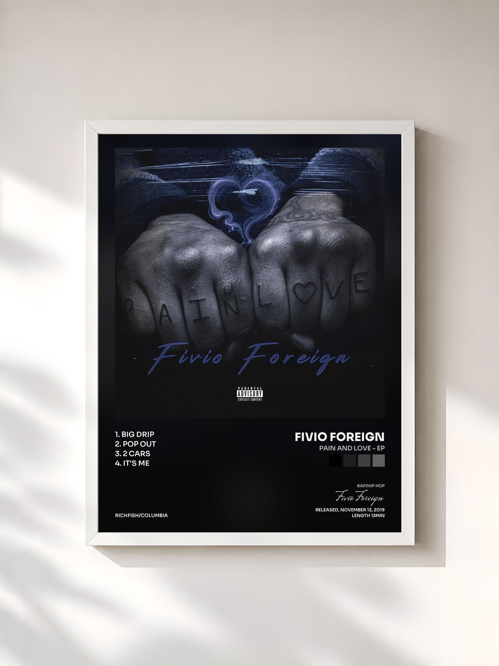 #blanc Tableau de l'album Pain and Love - EP de Fivio Foreign, cadre blanc, imprimé et encadré en France