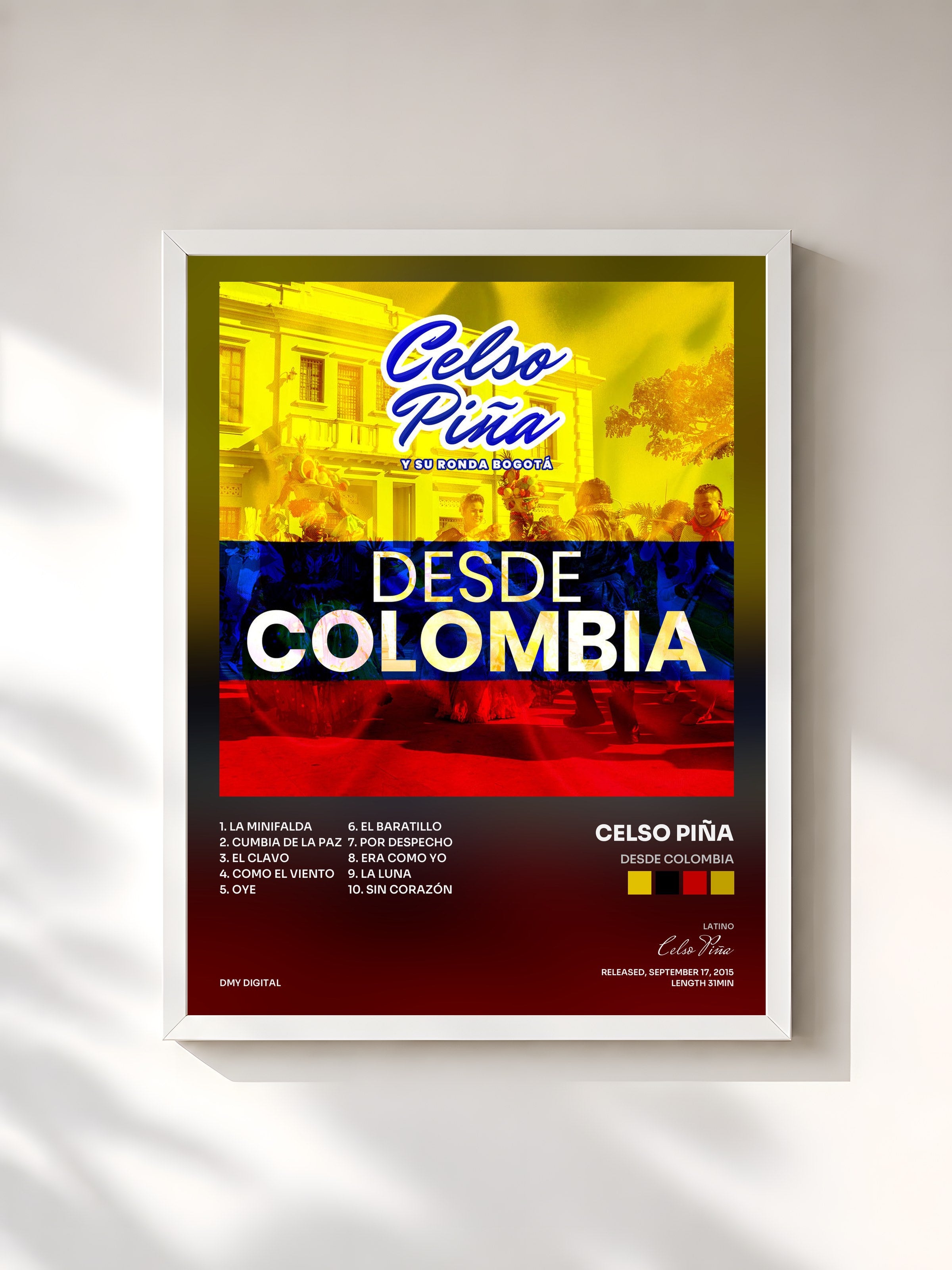 #blanc Tableau de l'album Desde Colombia de Celso Piña, cadre blanc, imprimé et encadré en France