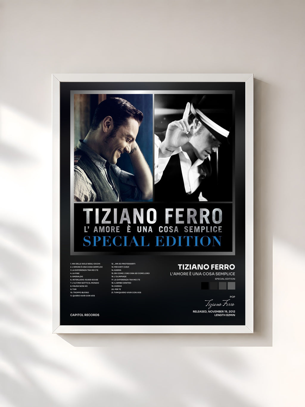 #blanc Tableau de l'album L'amore è una cosa semplice (Special Edition) de Tiziano Ferro, cadre blanc, imprimé et encadré en France