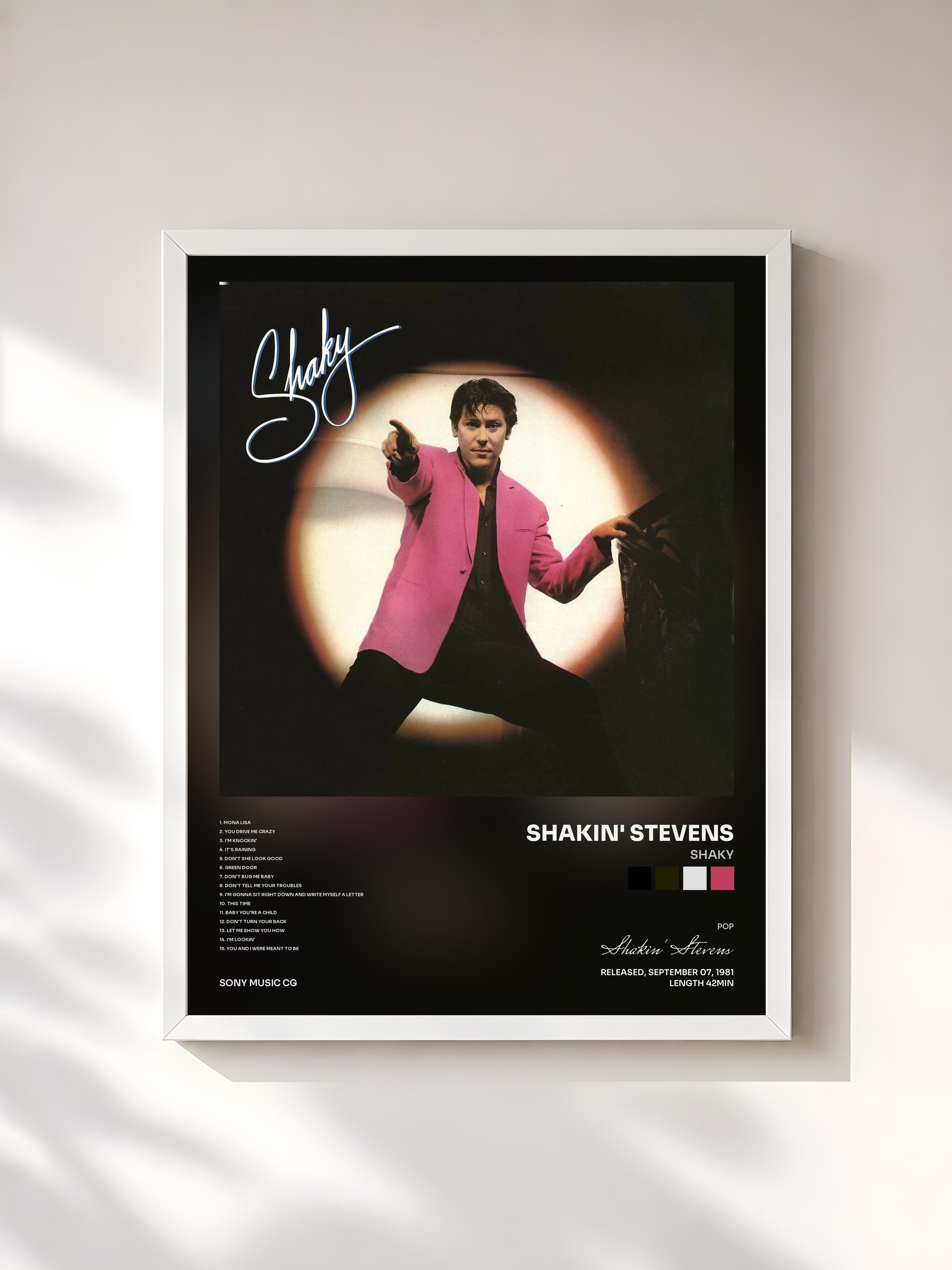 #blanc Tableau de l'album Shaky de Shakin' Stevens, cadre blanc, imprimé et encadré en France