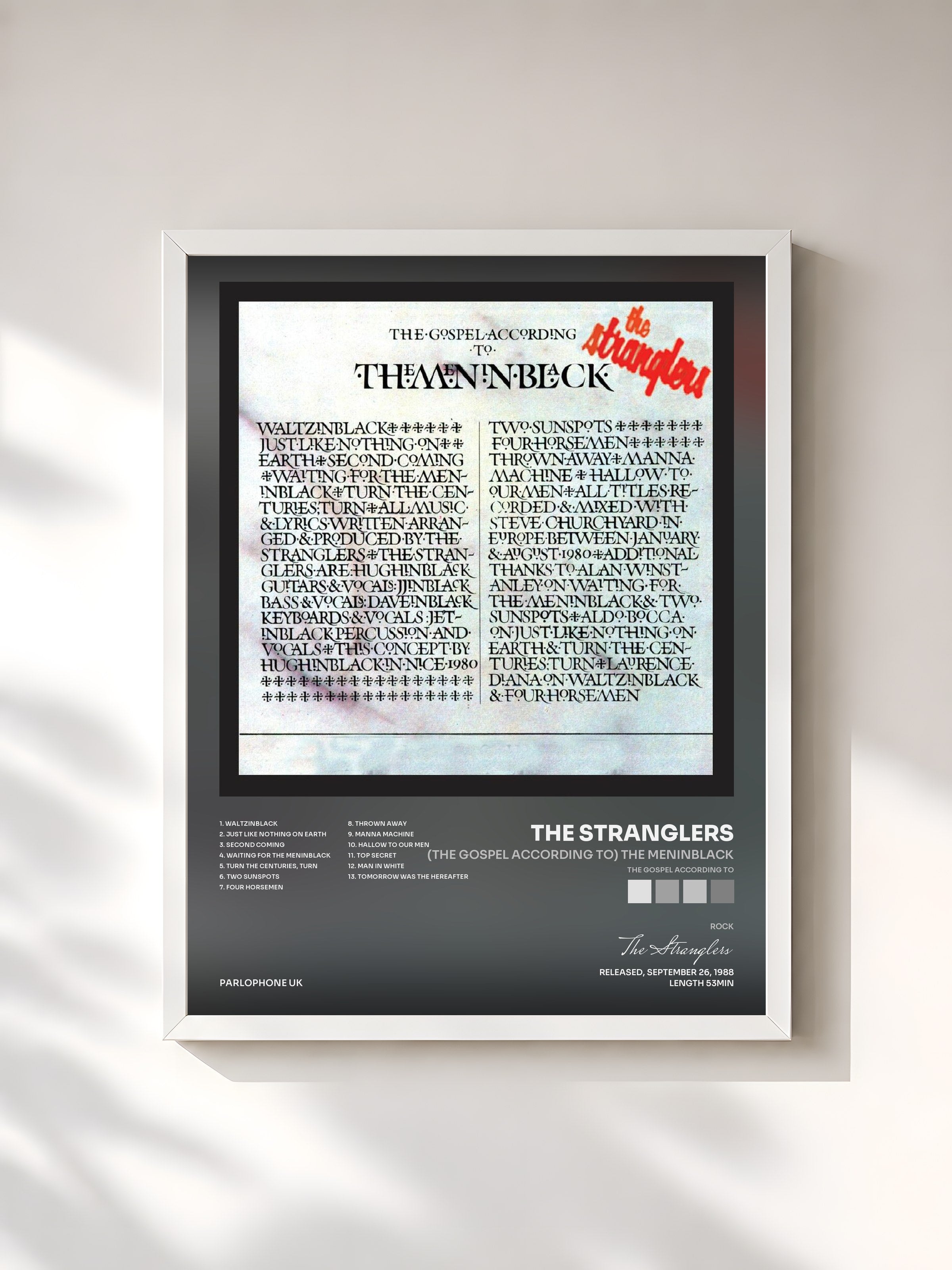 #blanc Tableau de l'album (The Gospel According To) the Meninblack de The Stranglers, cadre blanc, imprimé et encadré en France