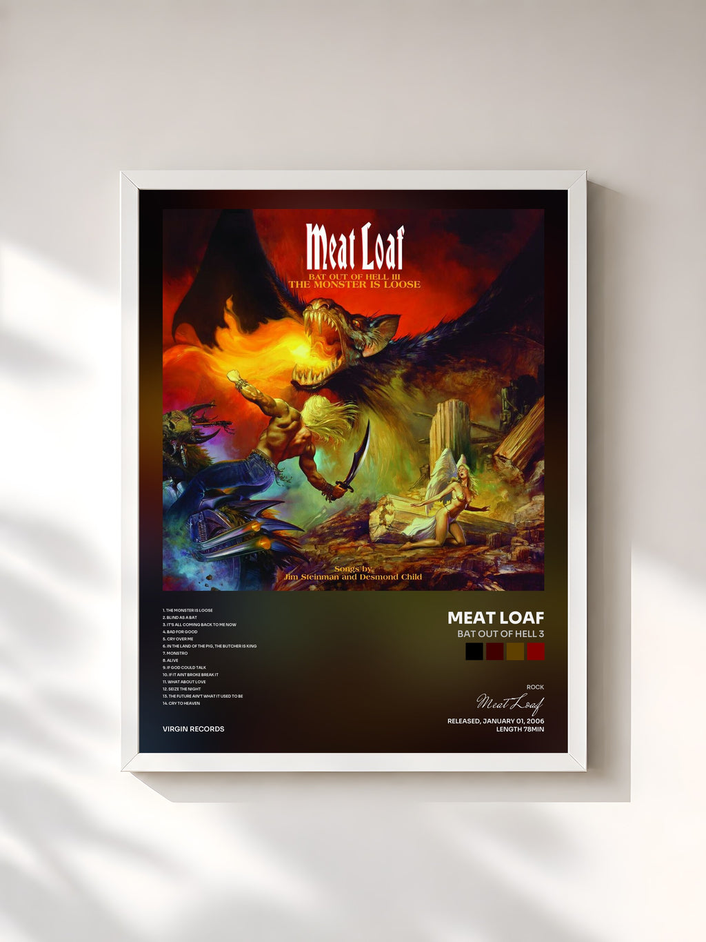 #blanc Tableau de l'album Bat Out Of Hell 3 de Meat Loaf, cadre blanc, imprimé et encadré en France