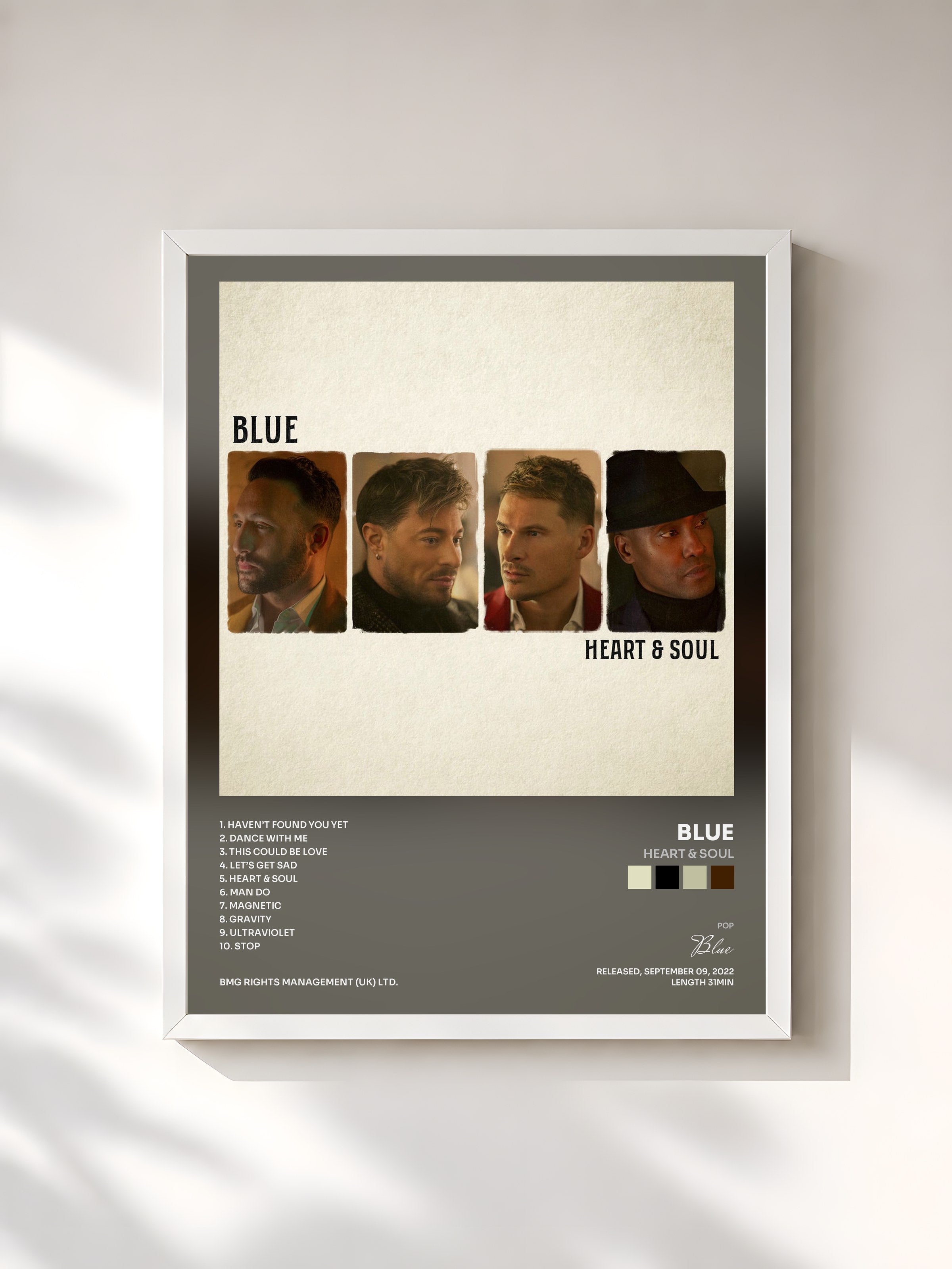 #blanc Tableau de l'album Heart & Soul de Blue, cadre blanc, imprimé et encadré en France
