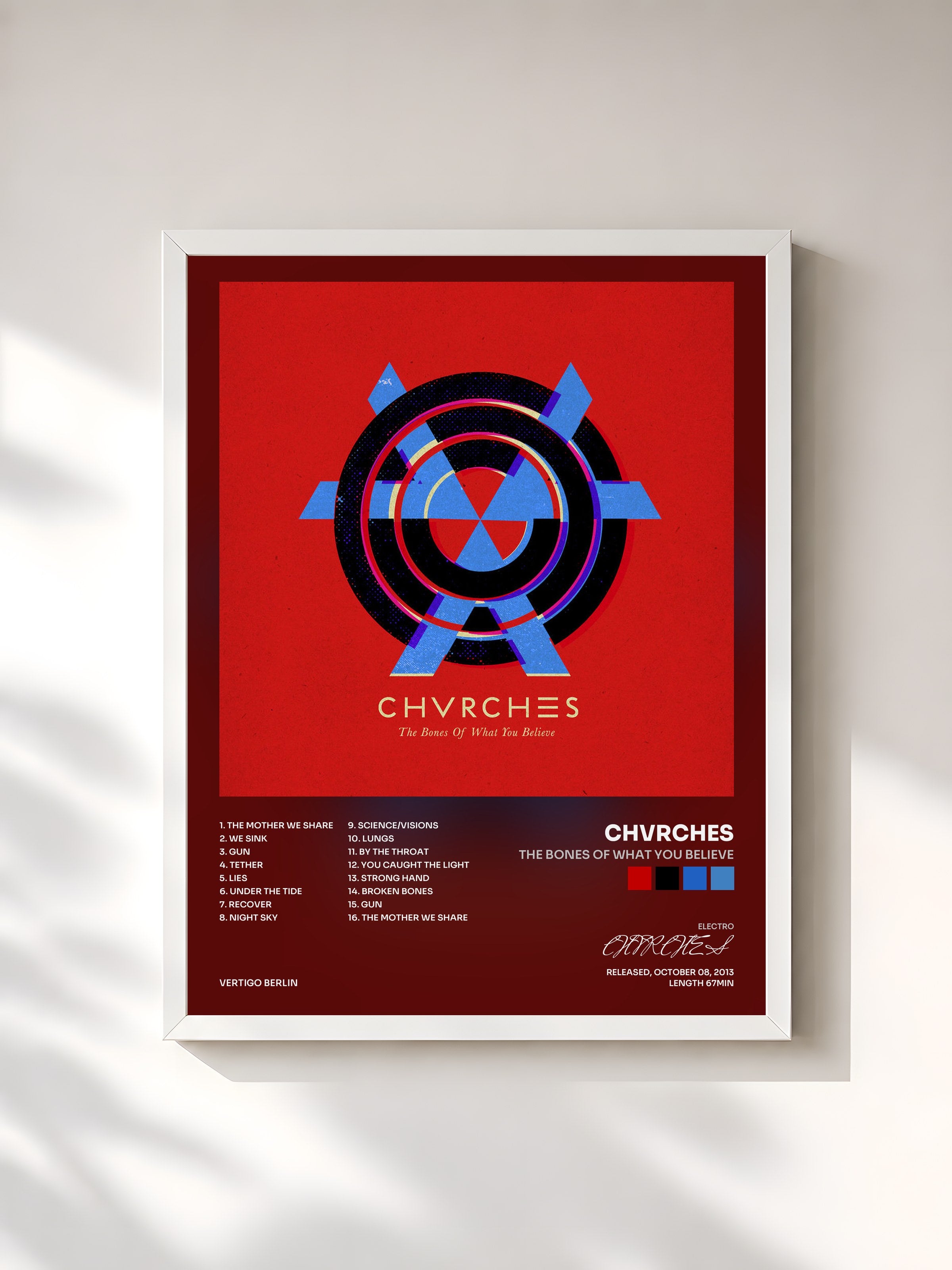 #blanc Tableau de l'album The Bones Of What You Believe de CHVRCHES, cadre blanc, imprimé et encadré en France