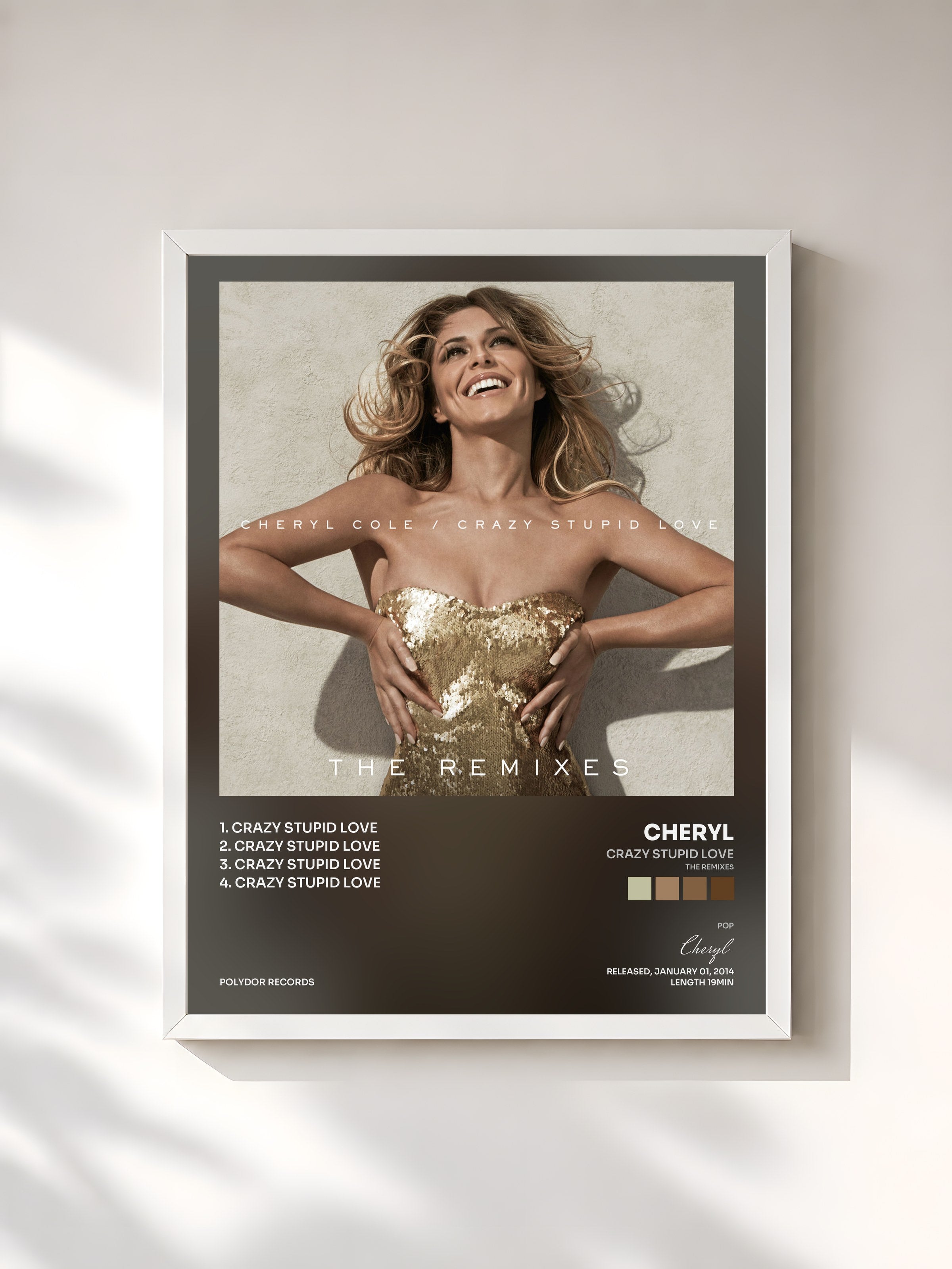 #blanc Tableau de l'album Crazy Stupid Love (The Remixes) de Cheryl, cadre blanc, imprimé et encadré en France