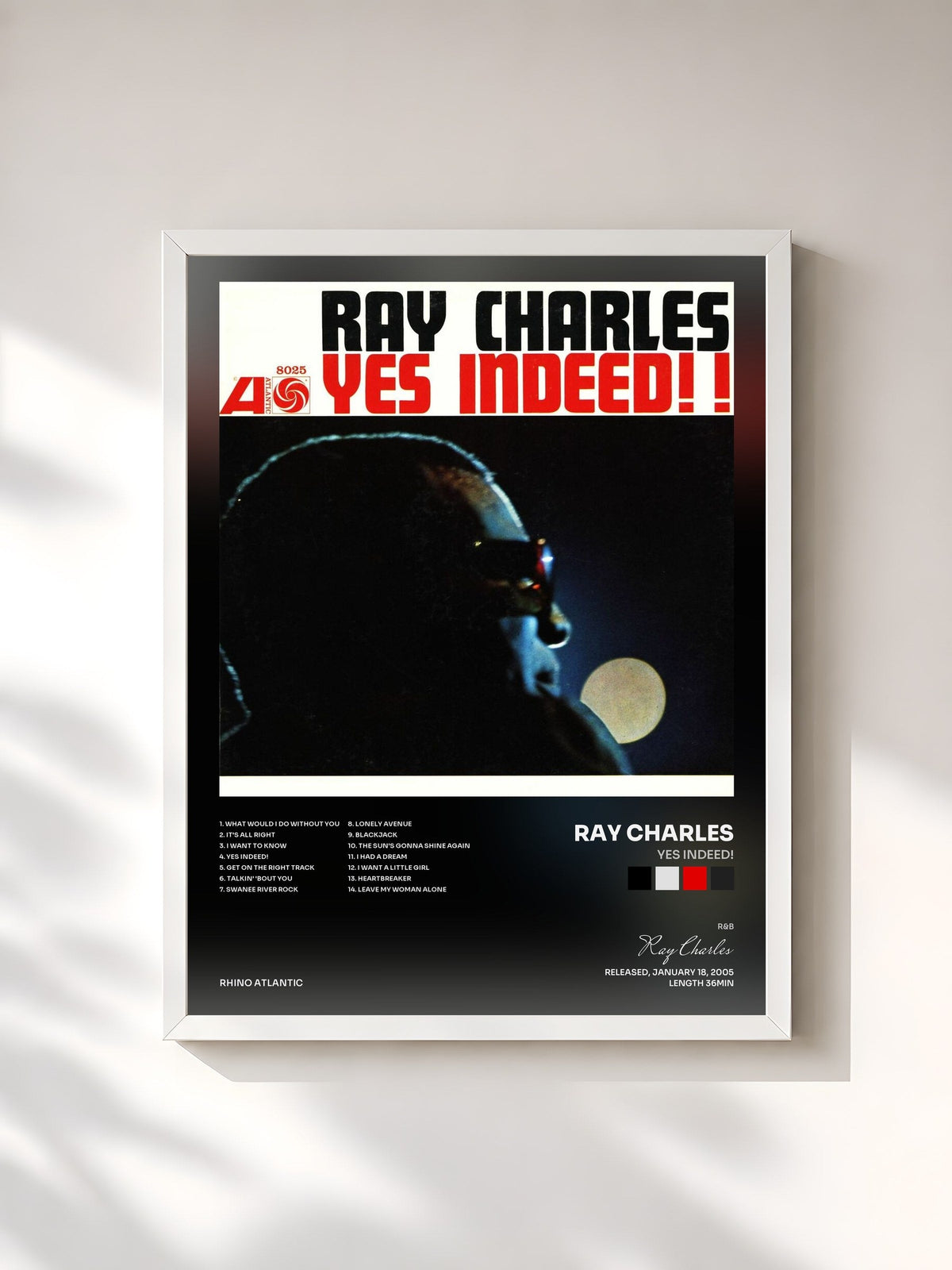 #blanc Tableau de l'album Yes Indeed! de Ray Charles, cadre blanc, imprimé et encadré en France