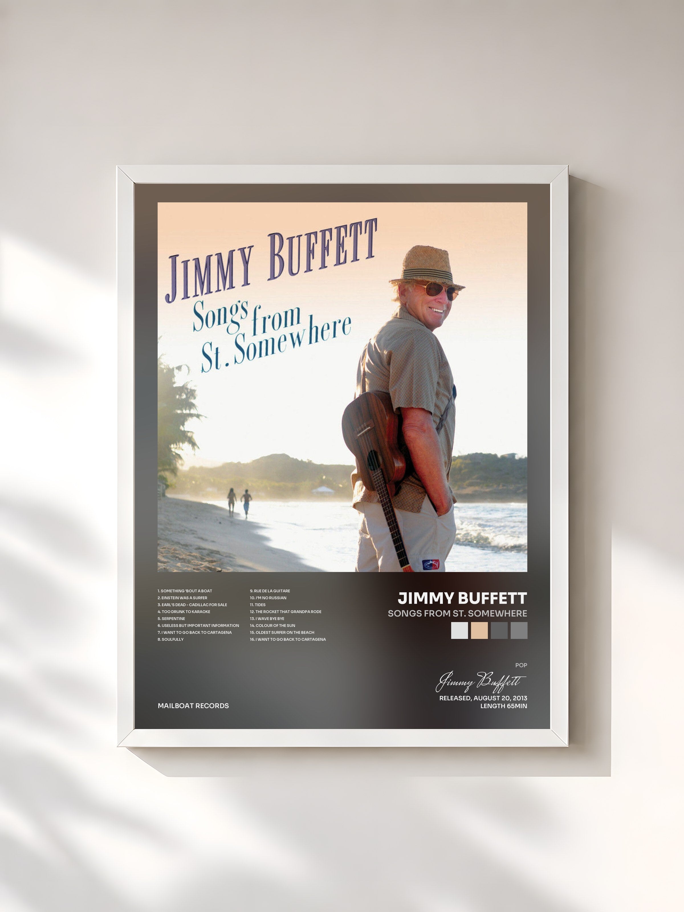 #blanc Tableau de l'album Songs from St. Somewhere de Jimmy Buffett, cadre blanc, imprimé et encadré en France