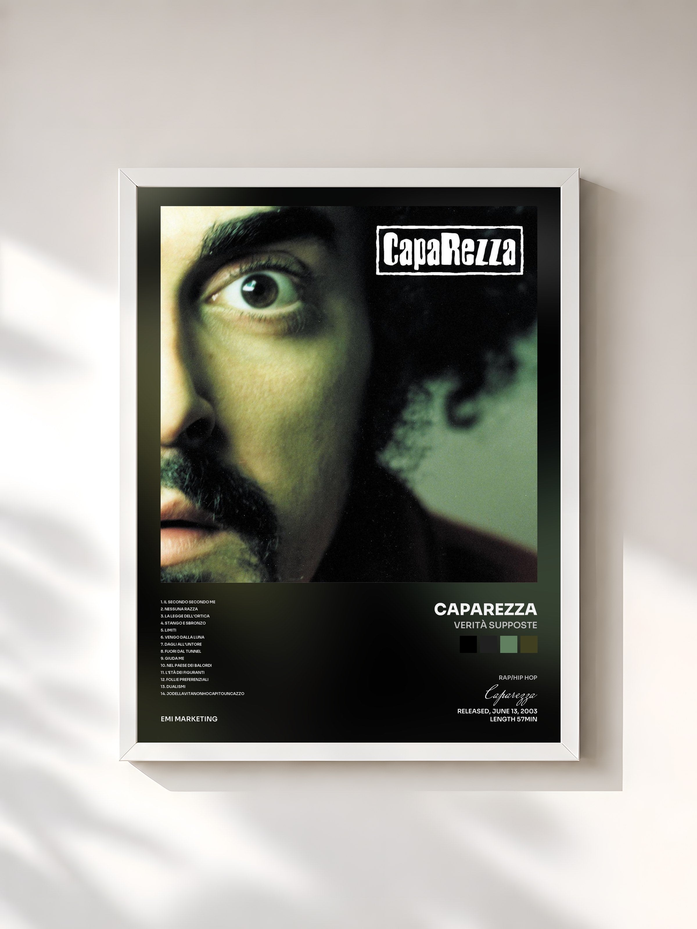 #blanc Tableau de l'album Verità Supposte de Caparezza, cadre blanc, imprimé et encadré en France