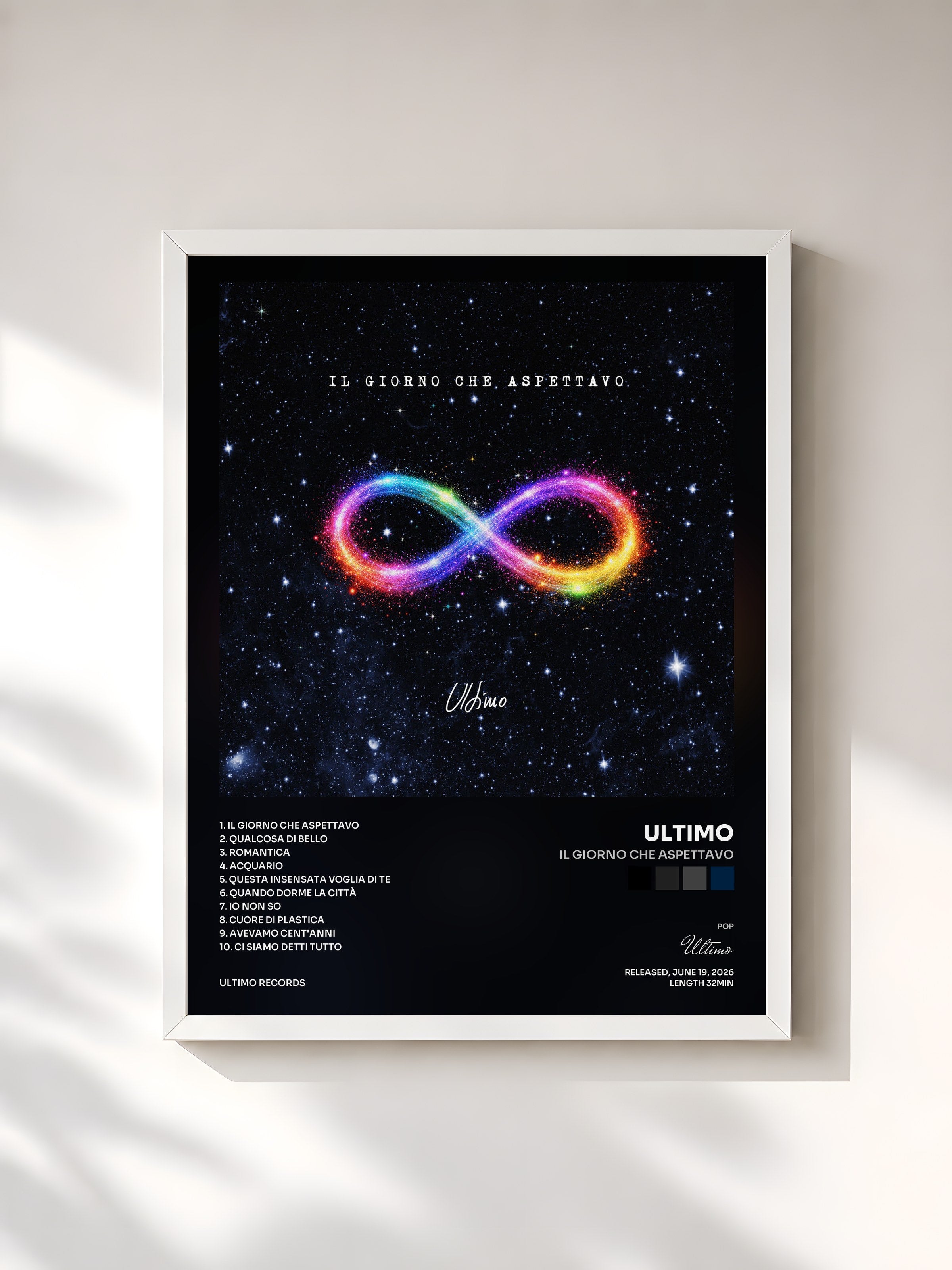 #blanc Tableau de l'album IL GIORNO CHE ASPETTAVO de Ultimo, cadre blanc, imprimé et encadré en France