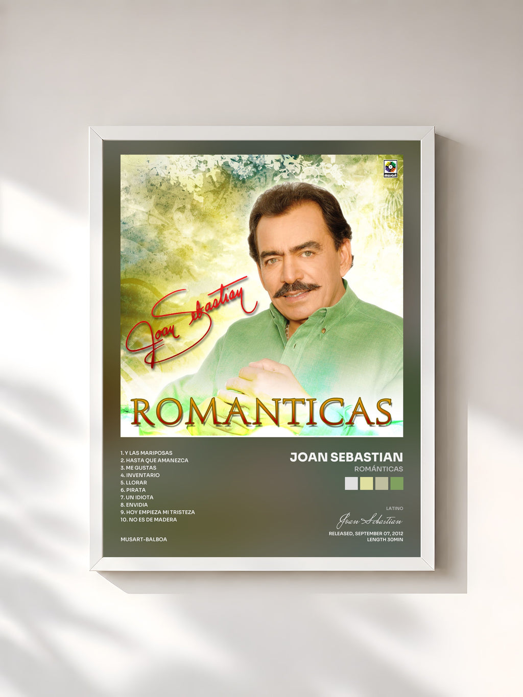 #blanc Tableau de l'album Románticas de Joan Sebastian, cadre blanc, imprimé et encadré en France