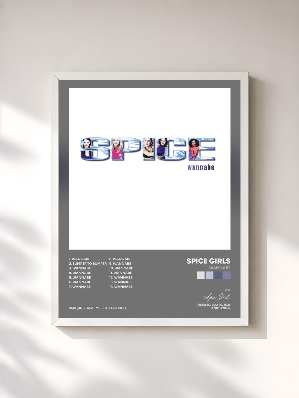 #blanc Tableau de l'album Wannabe de Spice Girls, cadre blanc, imprimé et encadré en France