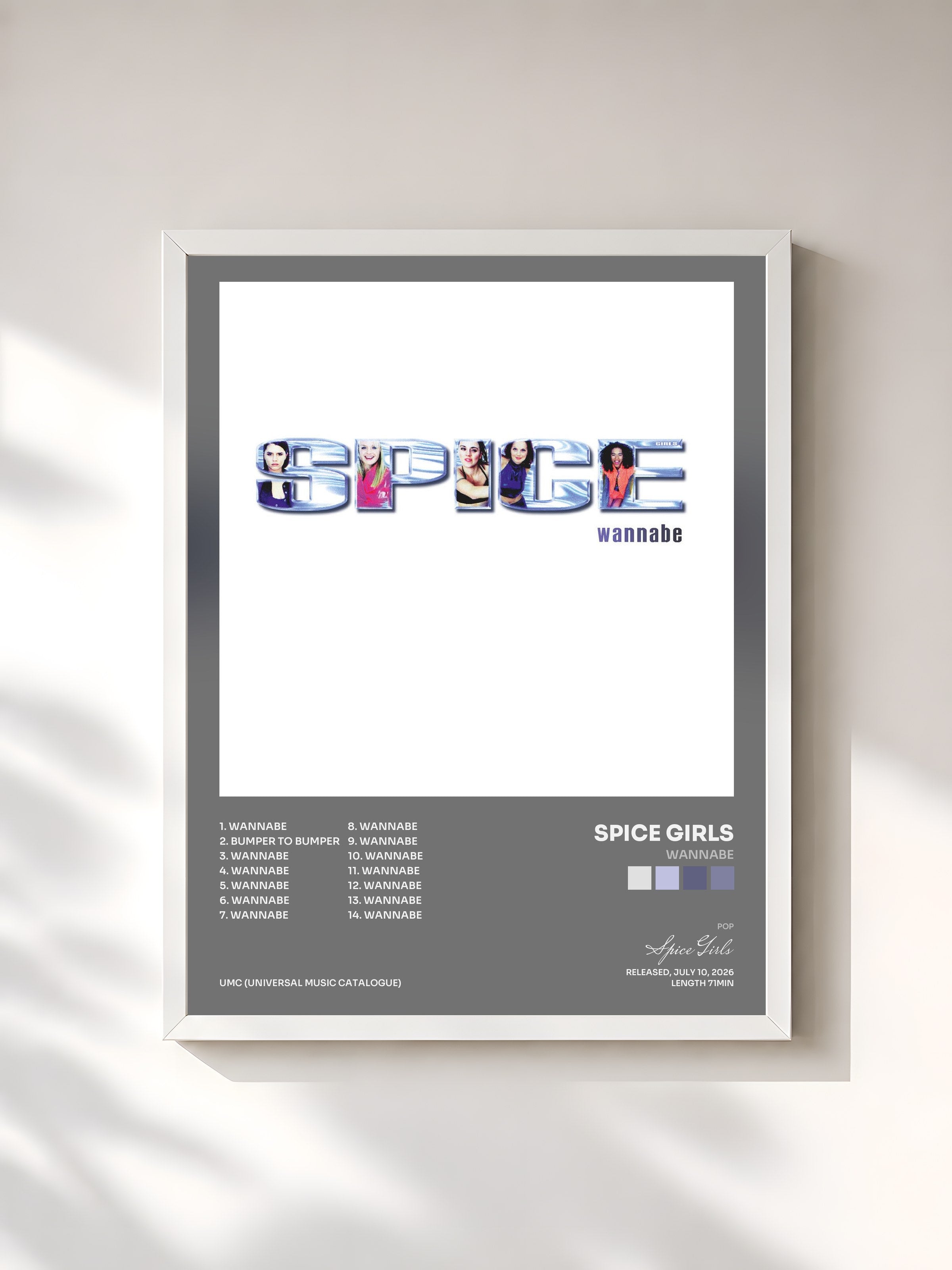 #blanc Tableau de l'album Wannabe de Spice Girls, cadre blanc, imprimé et encadré en France