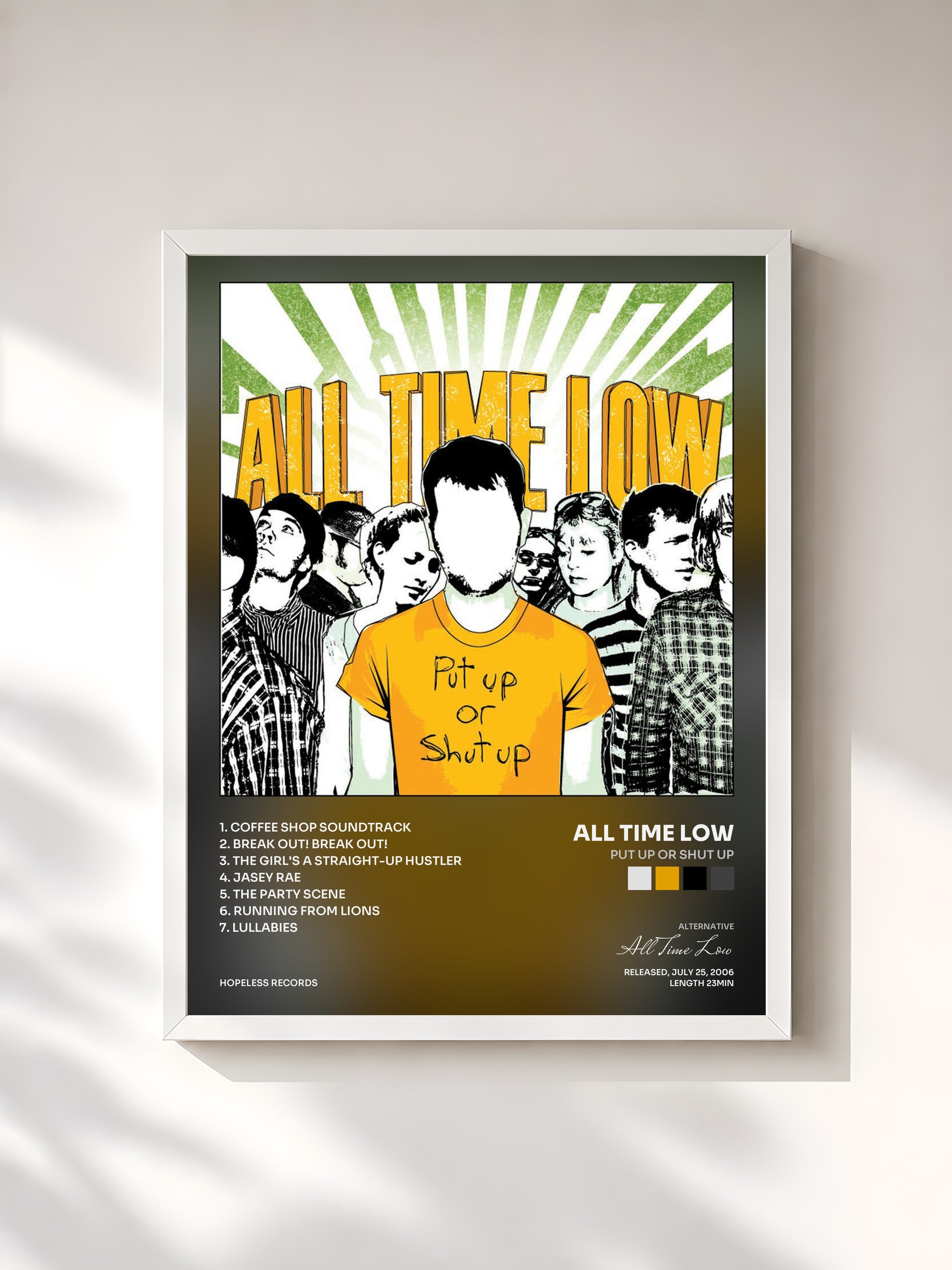 #blanc Tableau de l'album Put Up Or Shut Up de All Time Low, cadre blanc, imprimé et encadré en France