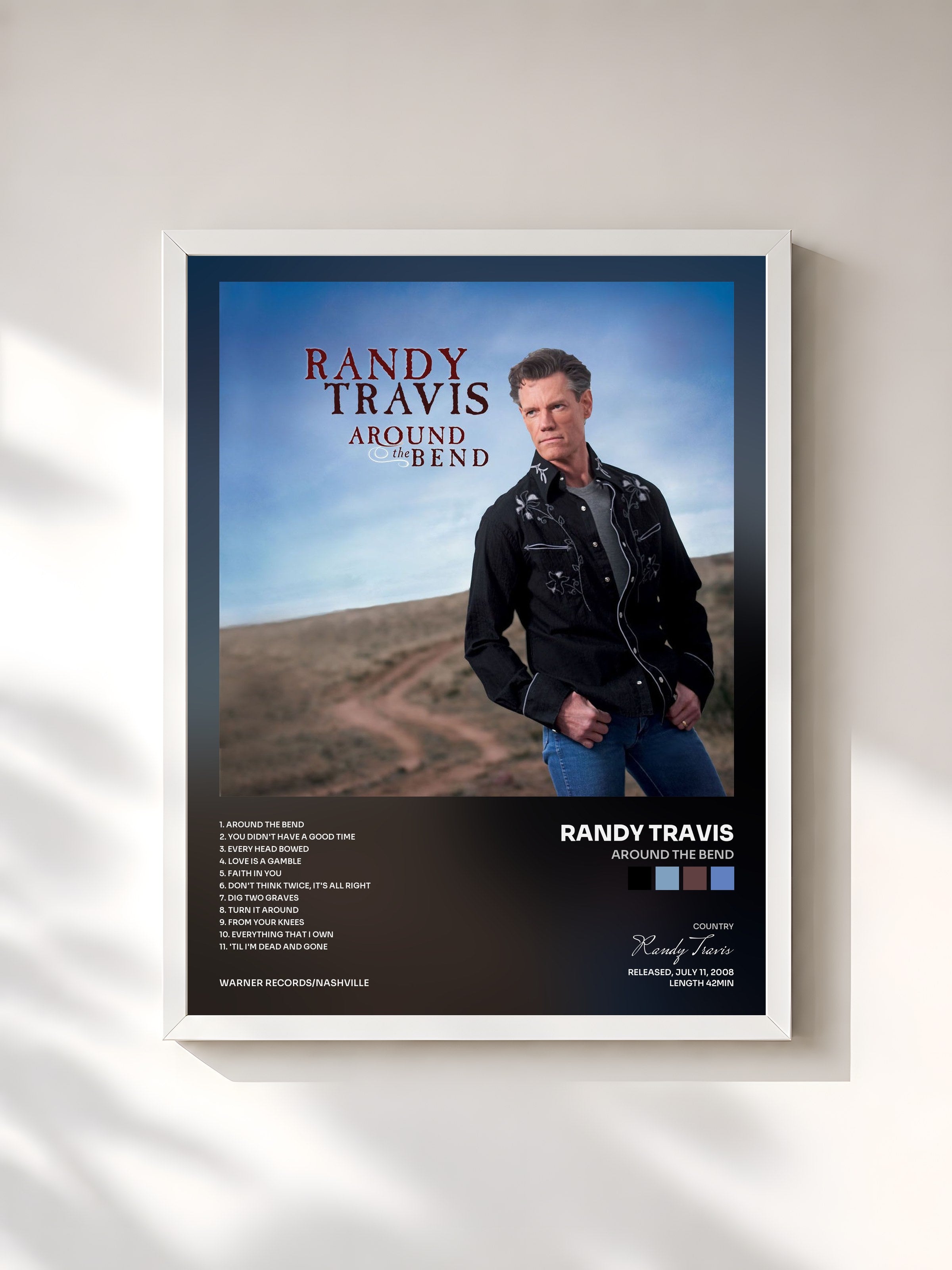 #blanc Tableau de l'album Around the Bend de Randy Travis, cadre blanc, imprimé et encadré en France