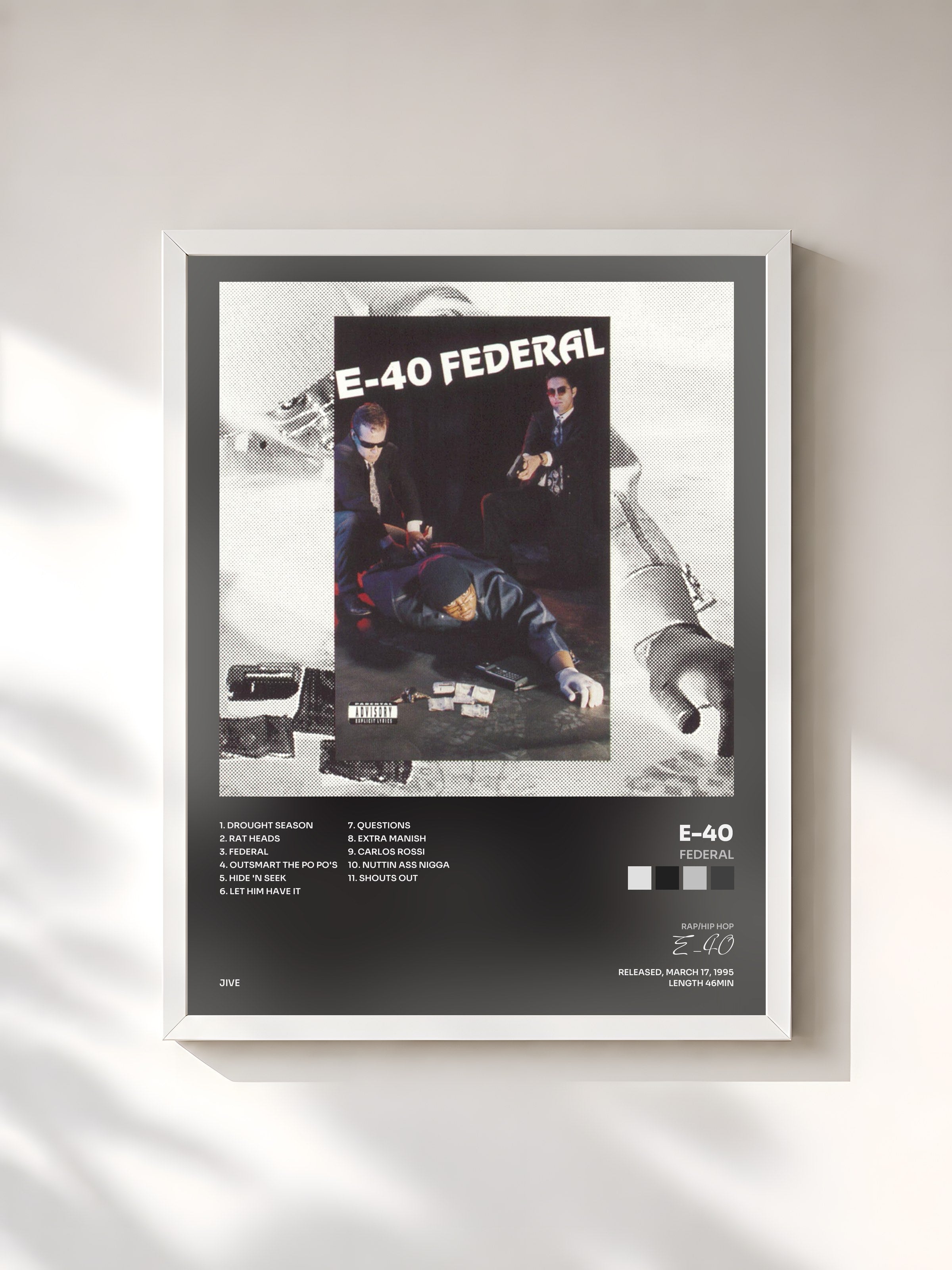 #blanc Tableau de l'album Federal de E-40, cadre blanc, imprimé et encadré en France