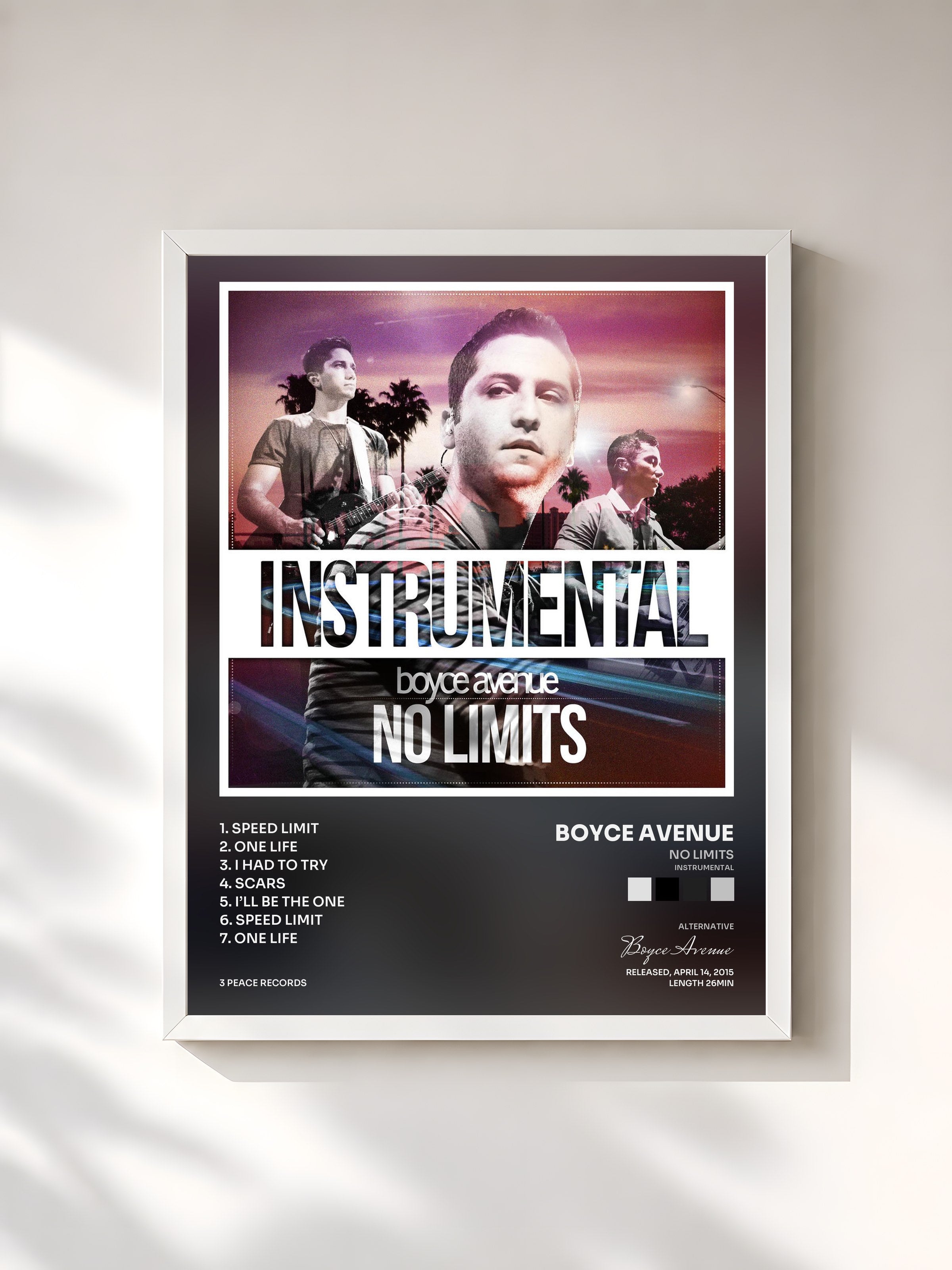#blanc Tableau de l'album No Limits (Instrumental) de Boyce Avenue, cadre blanc, imprimé et encadré en France
