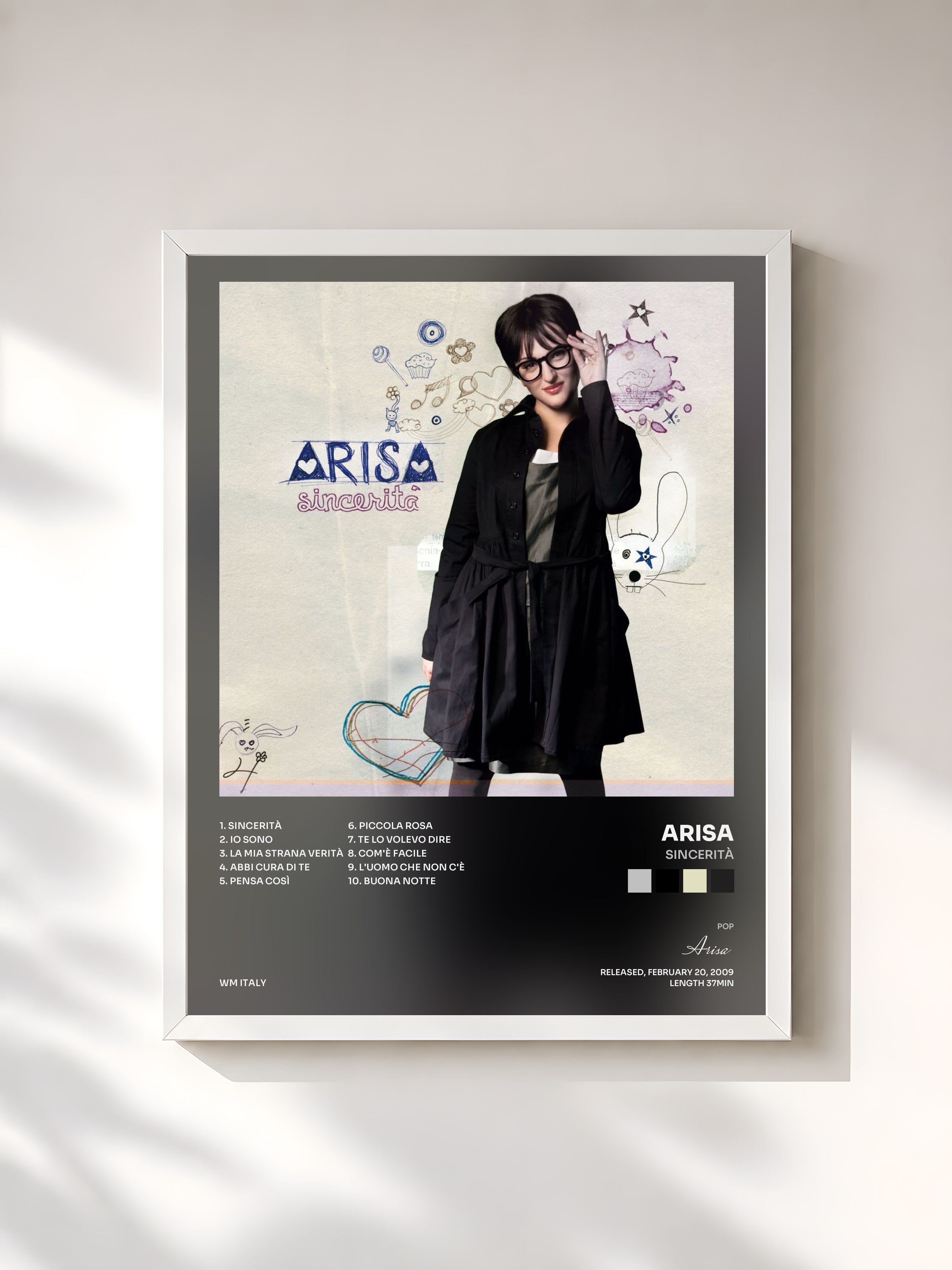 #blanc Tableau de l'album Sincerità de Arisa, cadre blanc, imprimé et encadré en France
