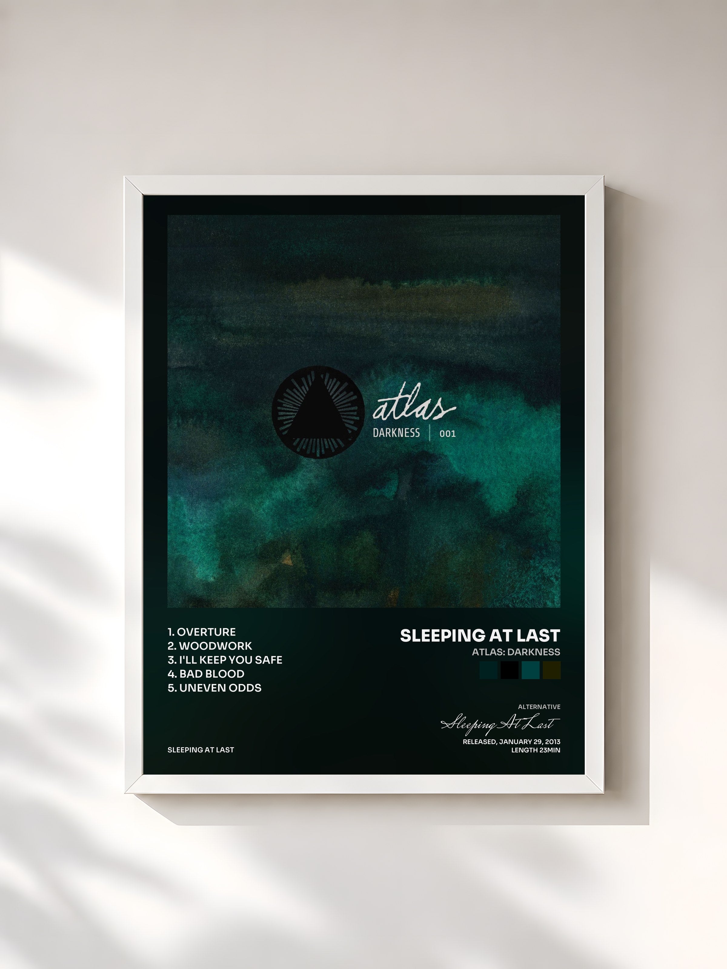 #blanc Tableau de l'album Atlas: Darkness de Sleeping At Last, cadre blanc, imprimé et encadré en France