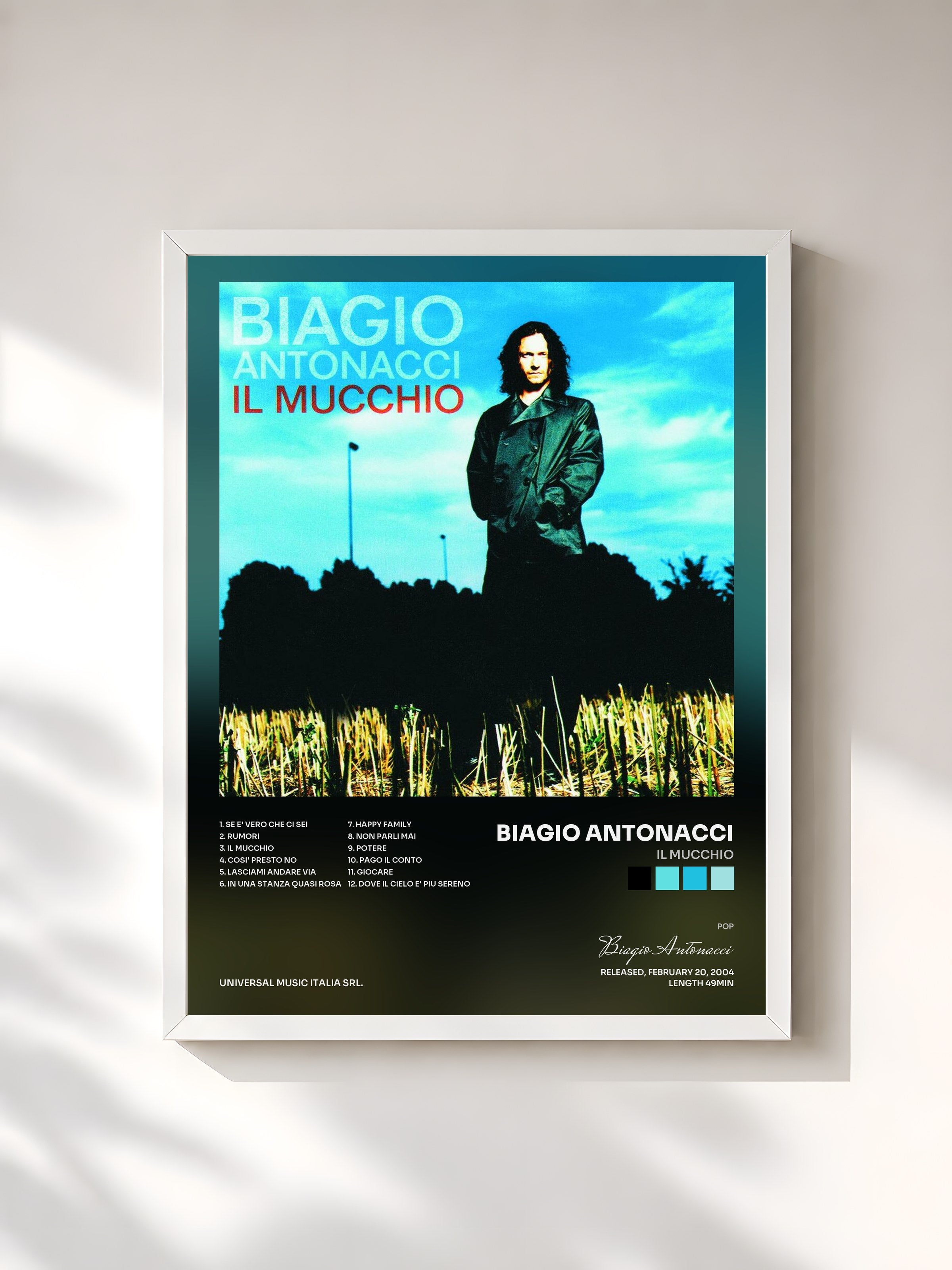 #blanc Tableau de l'album Il Mucchio de Biagio Antonacci, cadre blanc, imprimé et encadré en France