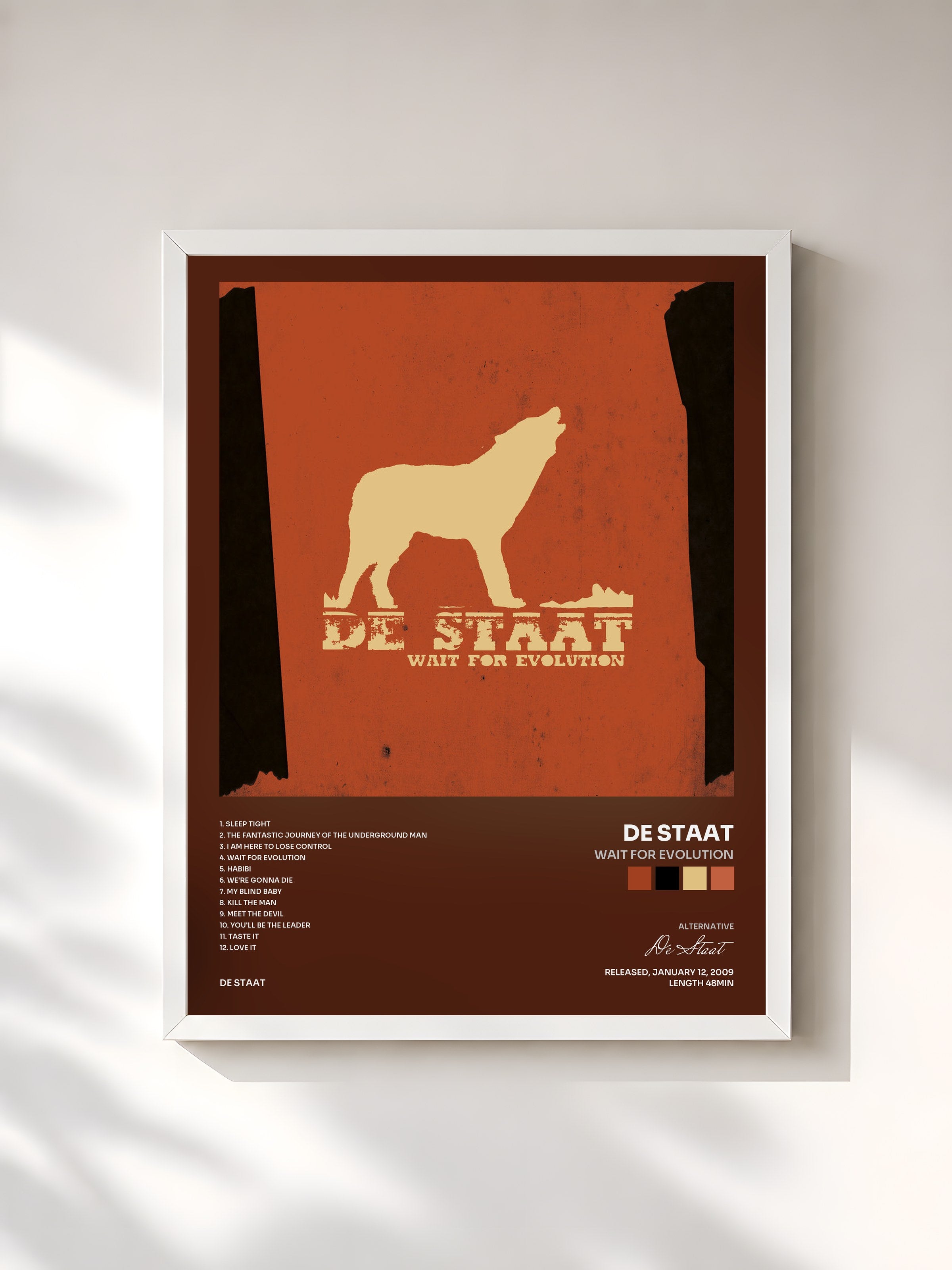 #blanc Tableau de l'album Wait For Evolution de De Staat, cadre blanc, imprimé et encadré en France