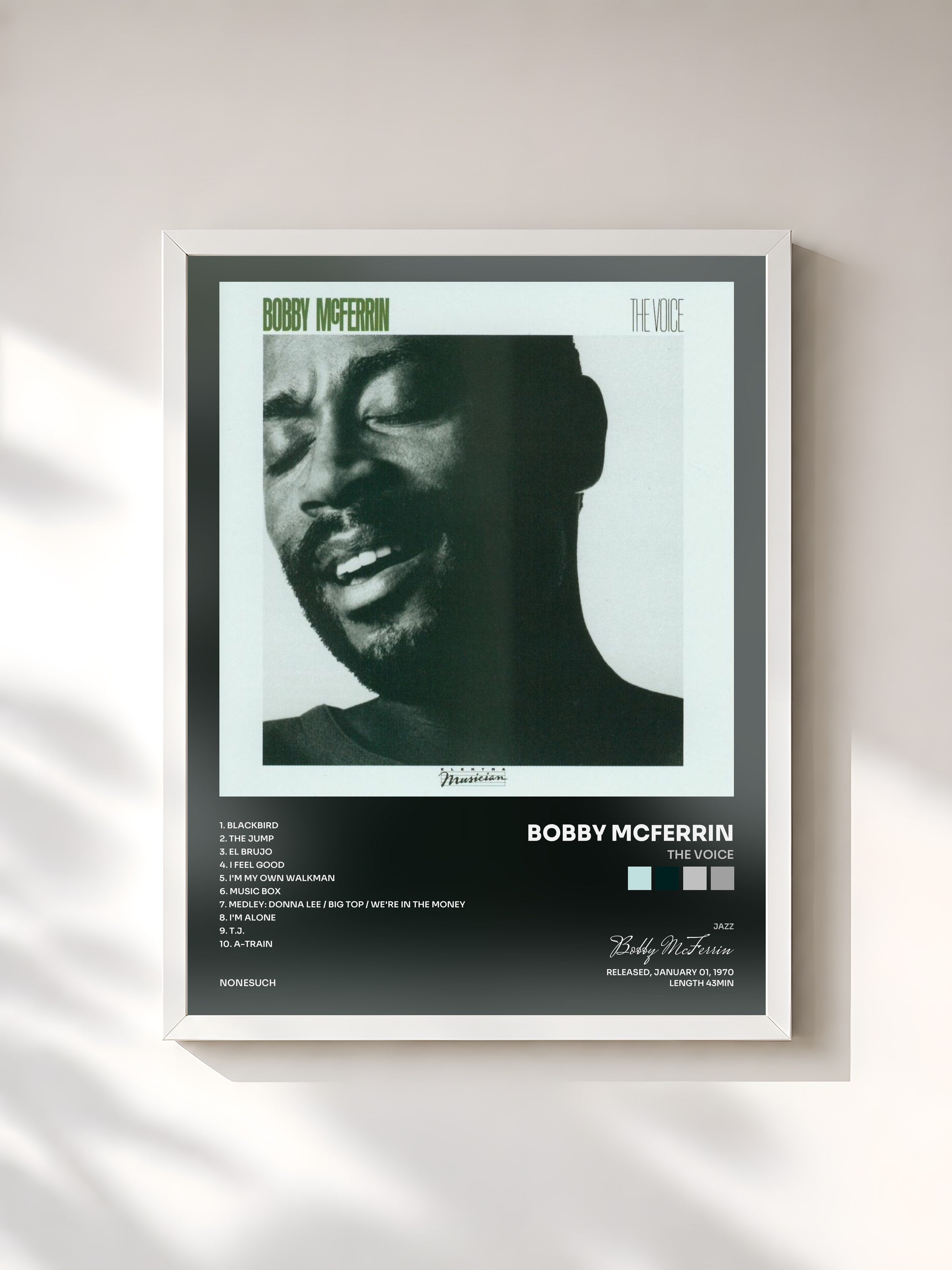 #blanc Tableau de l'album The Voice de Bobby McFerrin, cadre blanc, imprimé et encadré en France